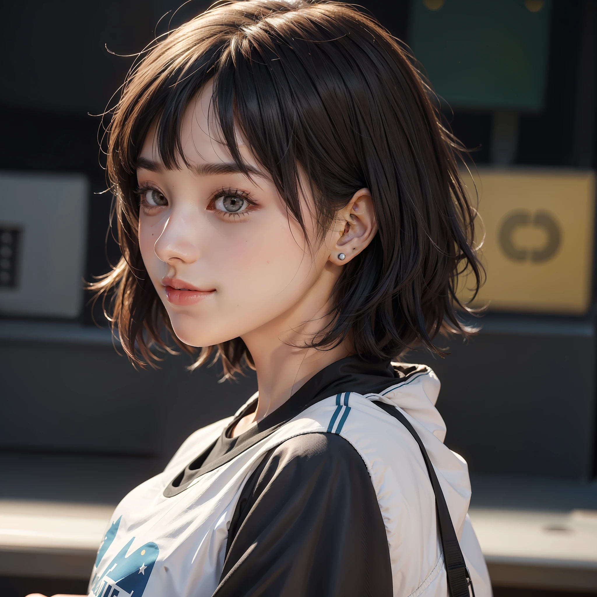 zydG, 1girl, Detailed skin, View viewer, Brown eyes, (Short hair with bangs: 1.2), (Big: 1.0), (Areola: 0.8), Parted lips, Teeth, Smile, (Photorealistic: 1.4), (Best quality: 1.0), (Ultra High Definition: 1.0), 8K, RAW photography, (Masterpiece: 0.2), (Sportswear: 1.5), Side view, Portrait, (pureerosface_ v1:0.5), look at the camera, long, ear out