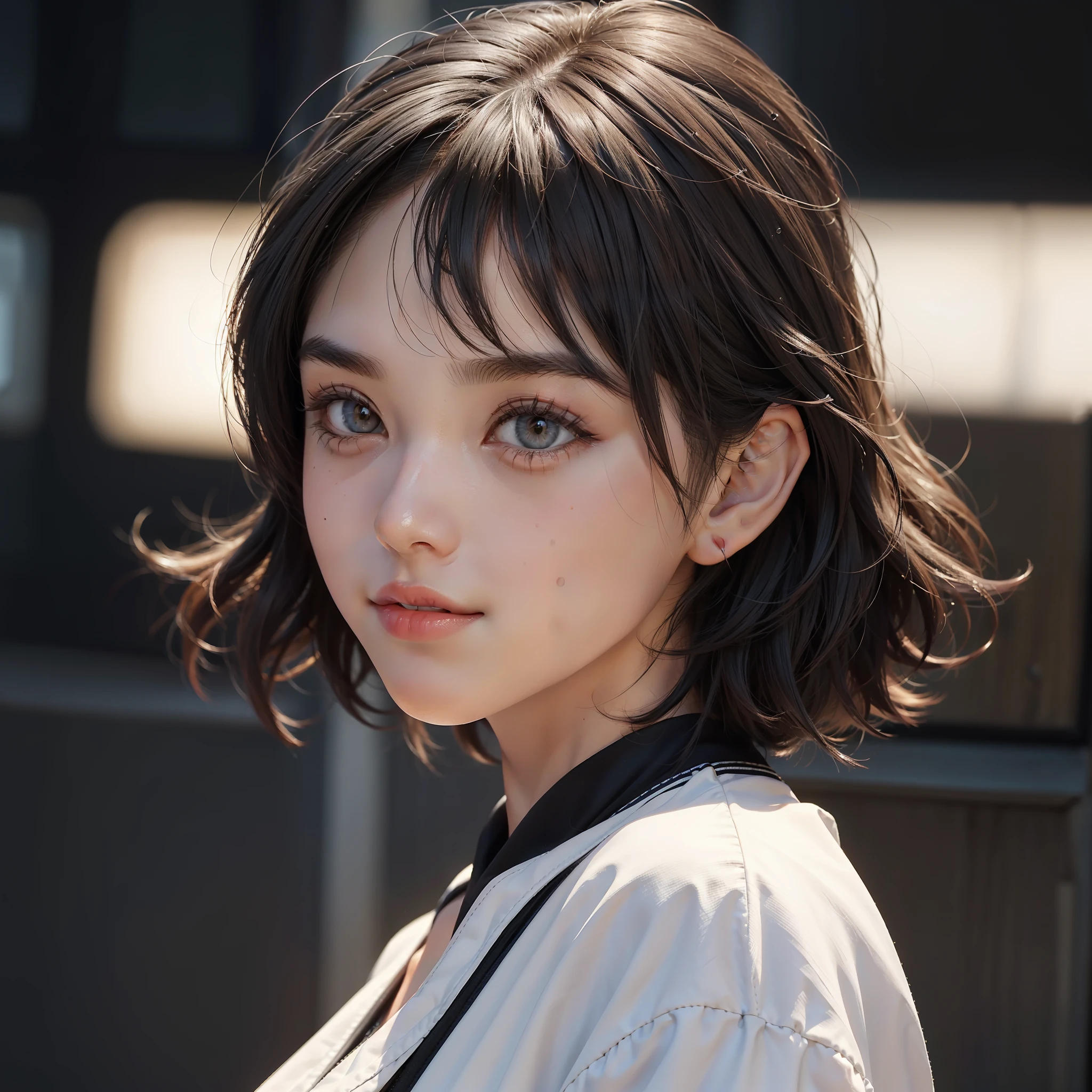 zydG, 1girl, Detailed skin, View viewer, Brown eyes, (Short hair with bangs: 1.2), (Big: 1.0), (Areola: 0.8), Parted lips, Teeth, Smile, (Photorealistic: 1.4), (Best quality: 1.0), (Ultra High Definition: 1.0), 8K, RAW photography, (Masterpiece: 0.2), (Sportswear: 1.5), Side view, Portrait, (pureerosface_ v1: 0.5), look at the camera, long, ears out, big eyes