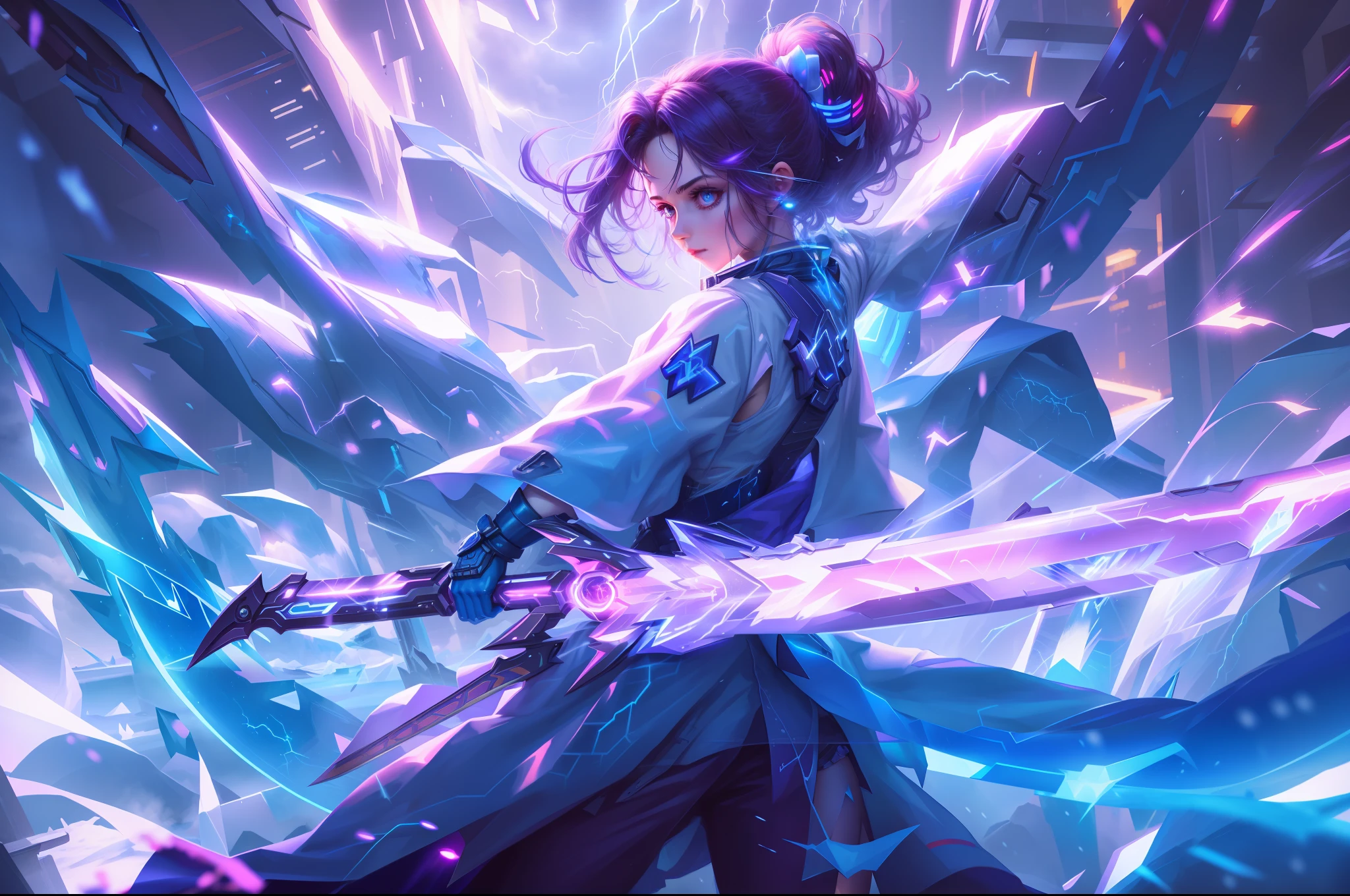 1 girl, cyberpunk, holding a sword, lightning sword, the sword body is surrounded by lightning, the background is the ice and snow world, holding the hilt of the sword,