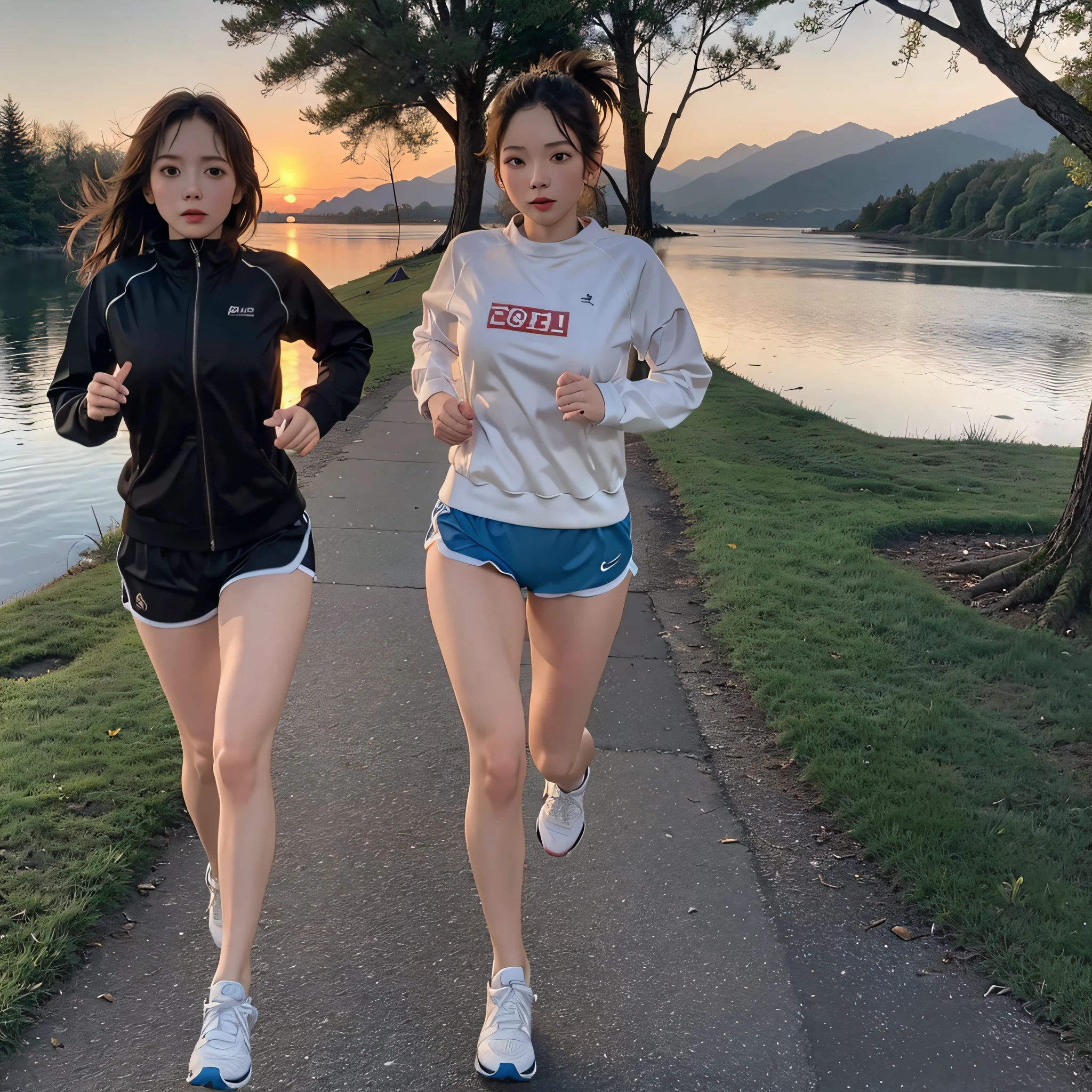 (best quality) A beautiful (1 girl) is jogging in the early morning light. detailed face, sweating, Her (large breasts) bounce with each step as she runs towards the (sunrise) on the horizon, casting a warm glow over the scenery.