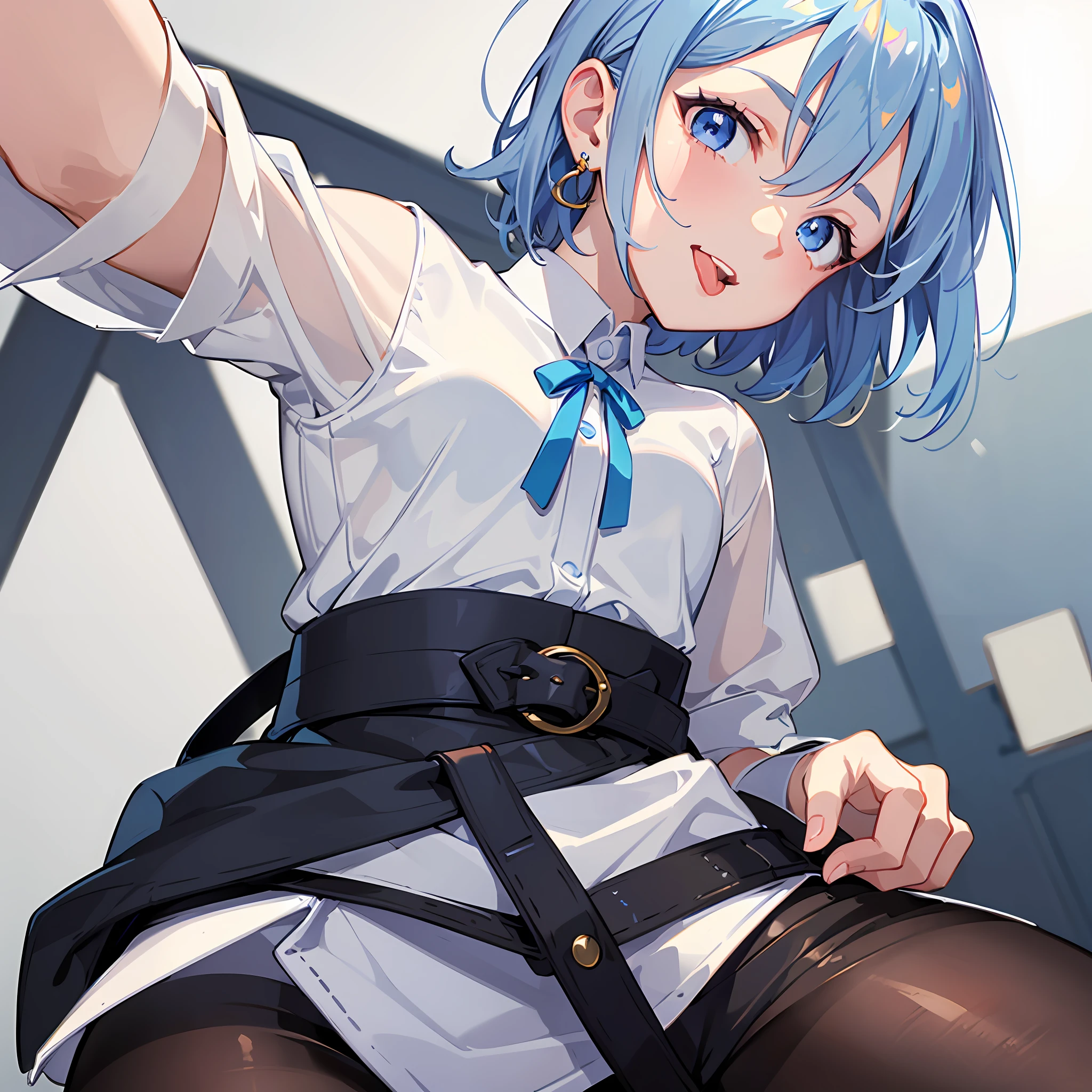 (((Masterpiece)))), (Best Quality))), Hi-Res, High Angle, (Upper Body), Standing, Facing the Viewer, Lively Pose, ((Cute 1 Girl))), Solo, , , White Skin, Small, Eight-headed Person, (Light blue hair), ((Very short hair)), Crisp bangs, Beautiful hair, Blue eyes, Beautiful detail eyes, (((tongue out)), smile, Heart, (Shouldered clothes)), Pencil skirt, earrings, white background, shadow lighting,