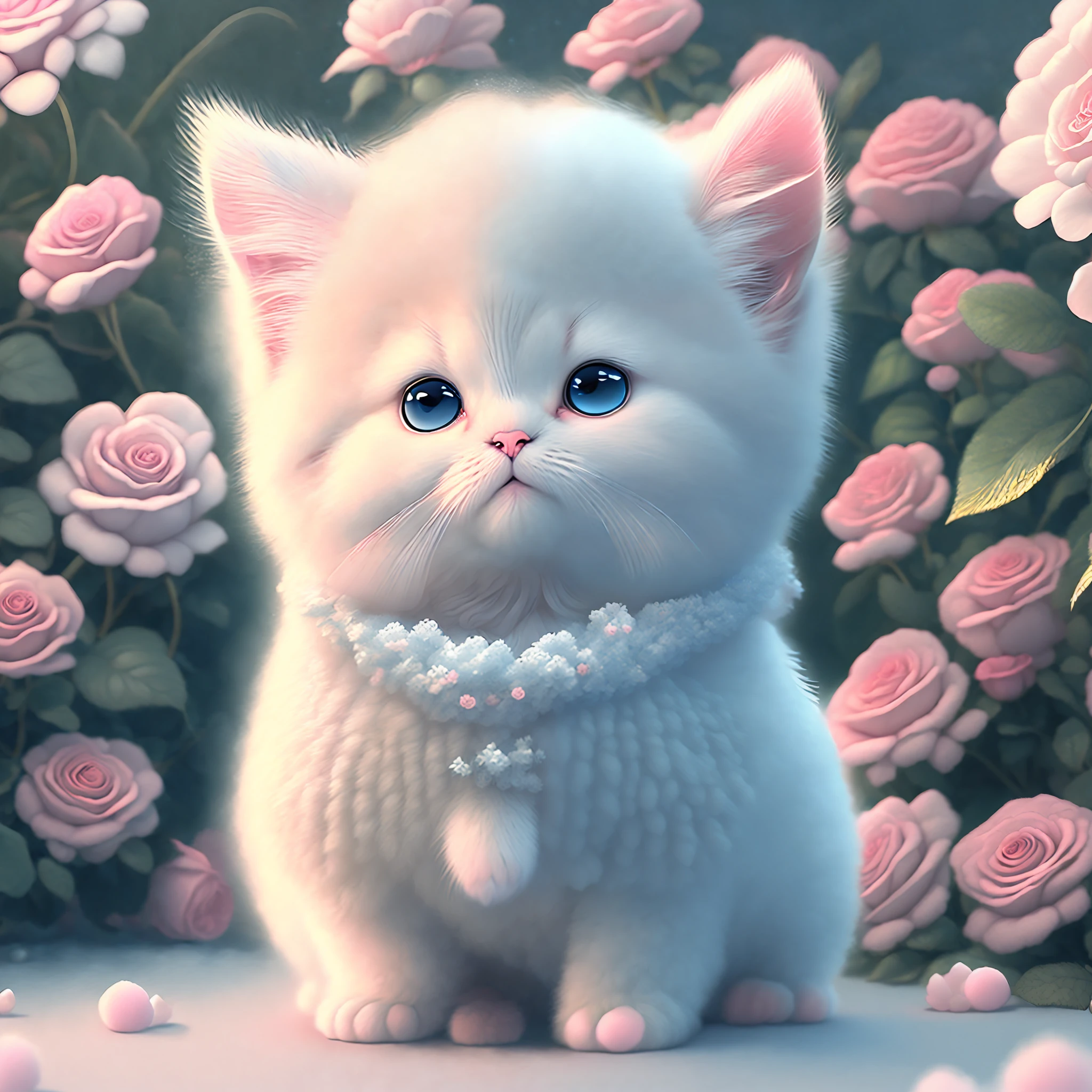 In this ultra-detailed CG art, the adorable kitten surrounded by ethereal roses, best quality, high resolution, intricate details, fantasy, cute animals