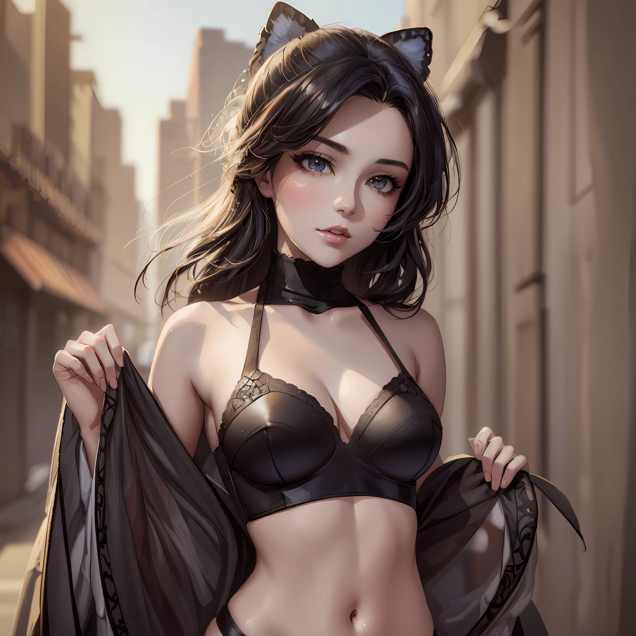 sexy woman in black lingerie posing in a city street, ig model | artgerm, beautiful young catgirl, extremely detailed artgerm, artwork in the style of guweiz, attractive cat girl, in the style artgerm, drawn in the style of artgerm, in style of artgerm, style artgerm, artgerm style