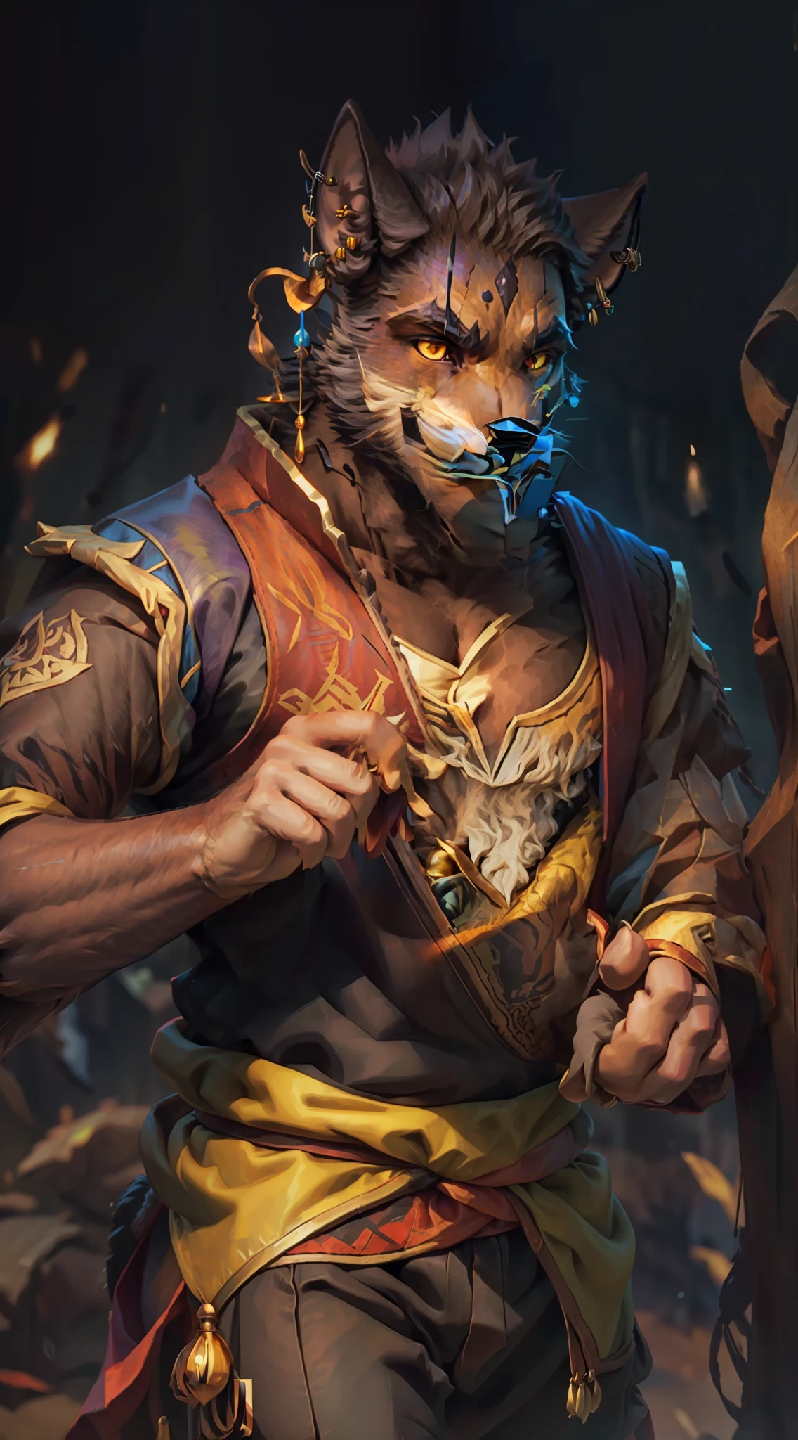 1 fox man, (((soil))), (hairy body, more animalistic, he has black-furred fox head, earrings in the ears, cheerful yellow eyes), (colorful medieval bard clothes), playing lute in an illuminated tavern