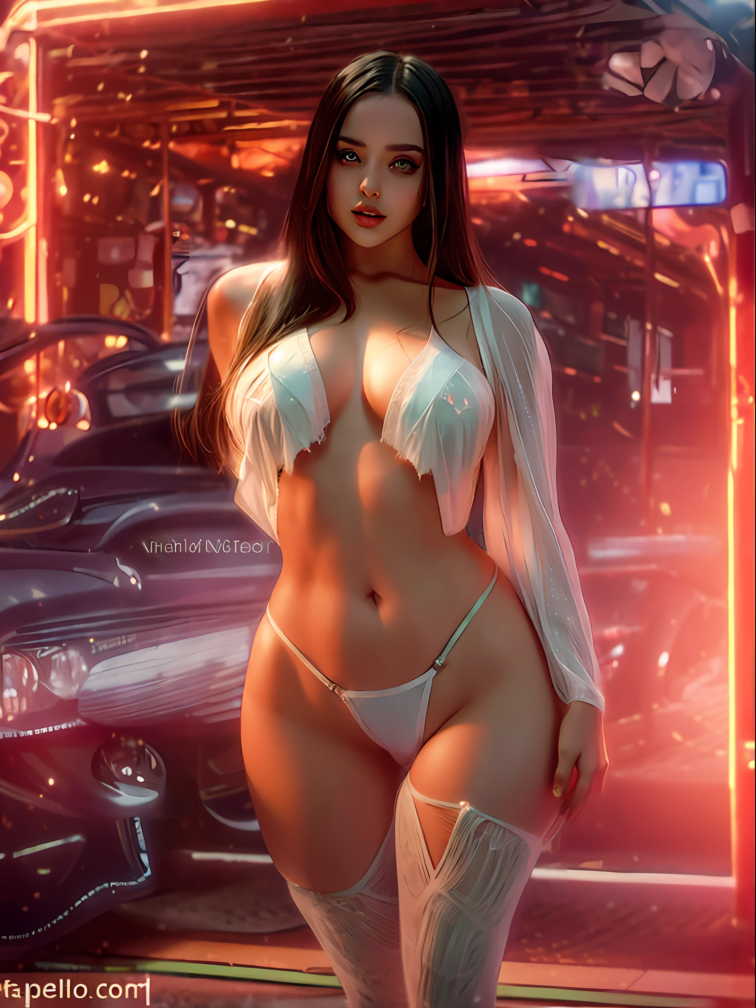 A closeup of a full-body woman in a see-through lingerie, posing in front of a modern car, Angelawhite, Anna Nikonova aka Newmilky, sexy girl with green eyes, dressed in a beautiful white, just snow in the background, 18 years old, 24 years old female model, beautiful goddess, sexy warm body, taken in 2 0 2 0