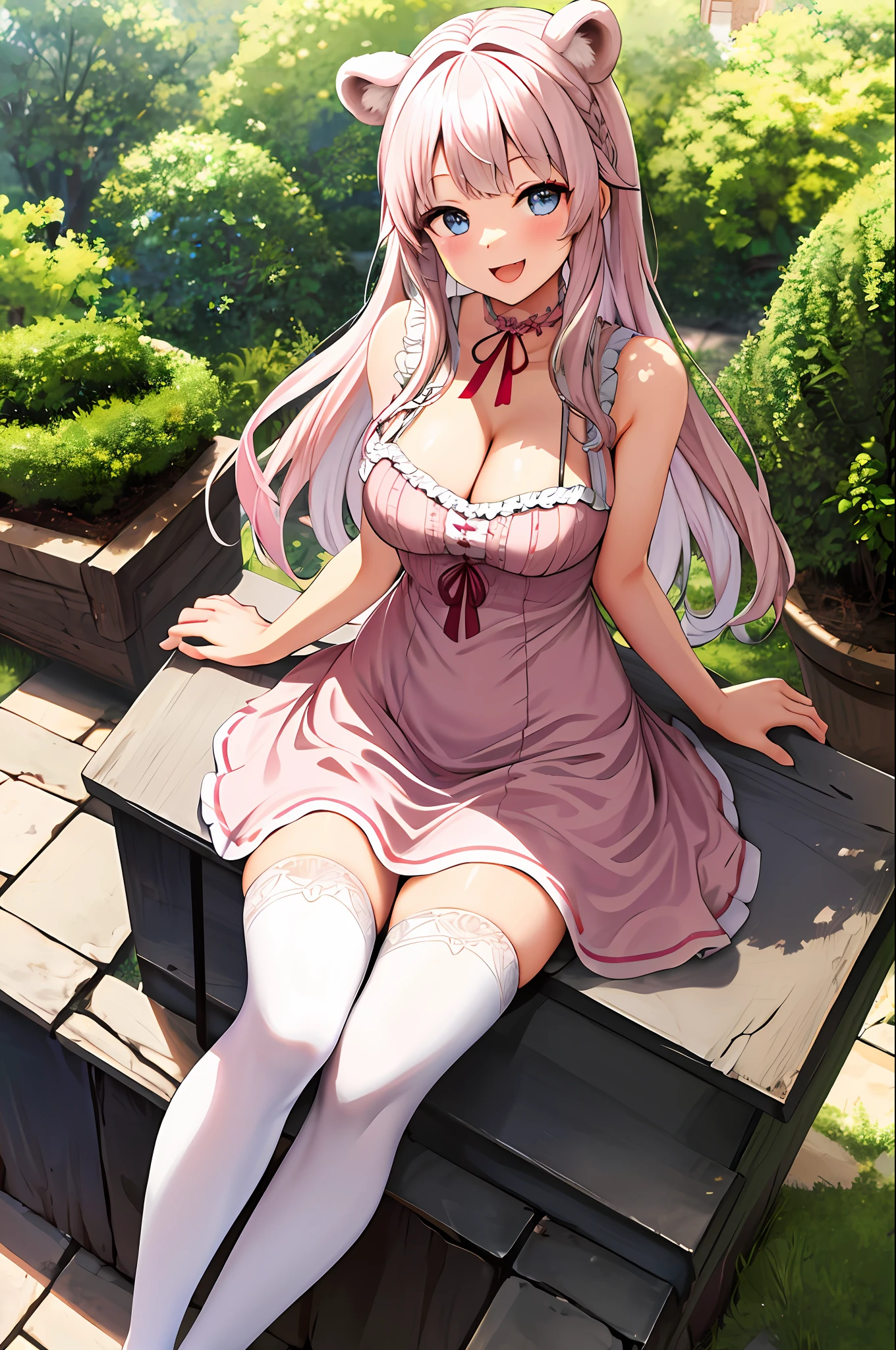 (leaning over:1.4), (masterpiece:1.2, best quality), (real picture, intricate details), 1girl, solo, absurdres, cowboy shot, standing, outdoors, :3, smile, bear girl, bear ears, ((light pink dress)), white thighhighs, platinum blonde hair, gray blue eyes, long hair, strawberry choker, smile, open mouth, one fang, large breasts, cleavage, sleeveless dress, arms behind back,