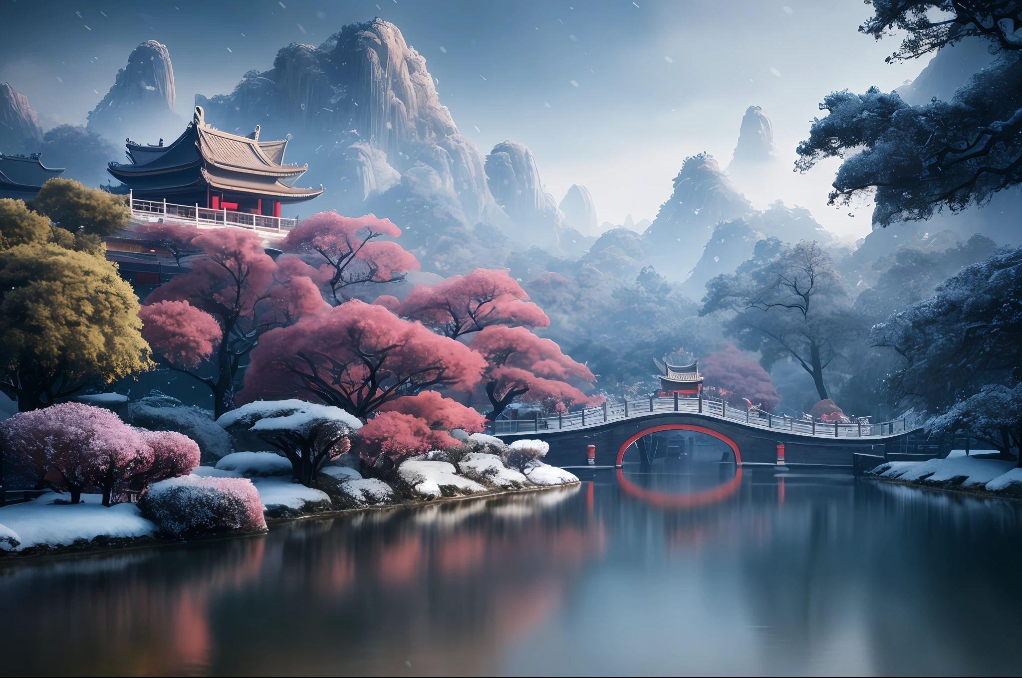 masterpiece, best quality, high quality, extremely detailed CG unity 8k wallpaper, classical chinese garden, scenery, amsterdam, winter,((snowing)),outdoors, sky, day, landscape, water, tree, blue sky, waterfall, nature, lake, river, cloudy sky,award winning photography, Bokeh, Depth of Field, HDR, bloom, Chromatic Aberration ,Photorealistic,extremely detailed, trending on artstation, trending on CGsociety, Intricate, High Detail, dramatic, art by midjourney