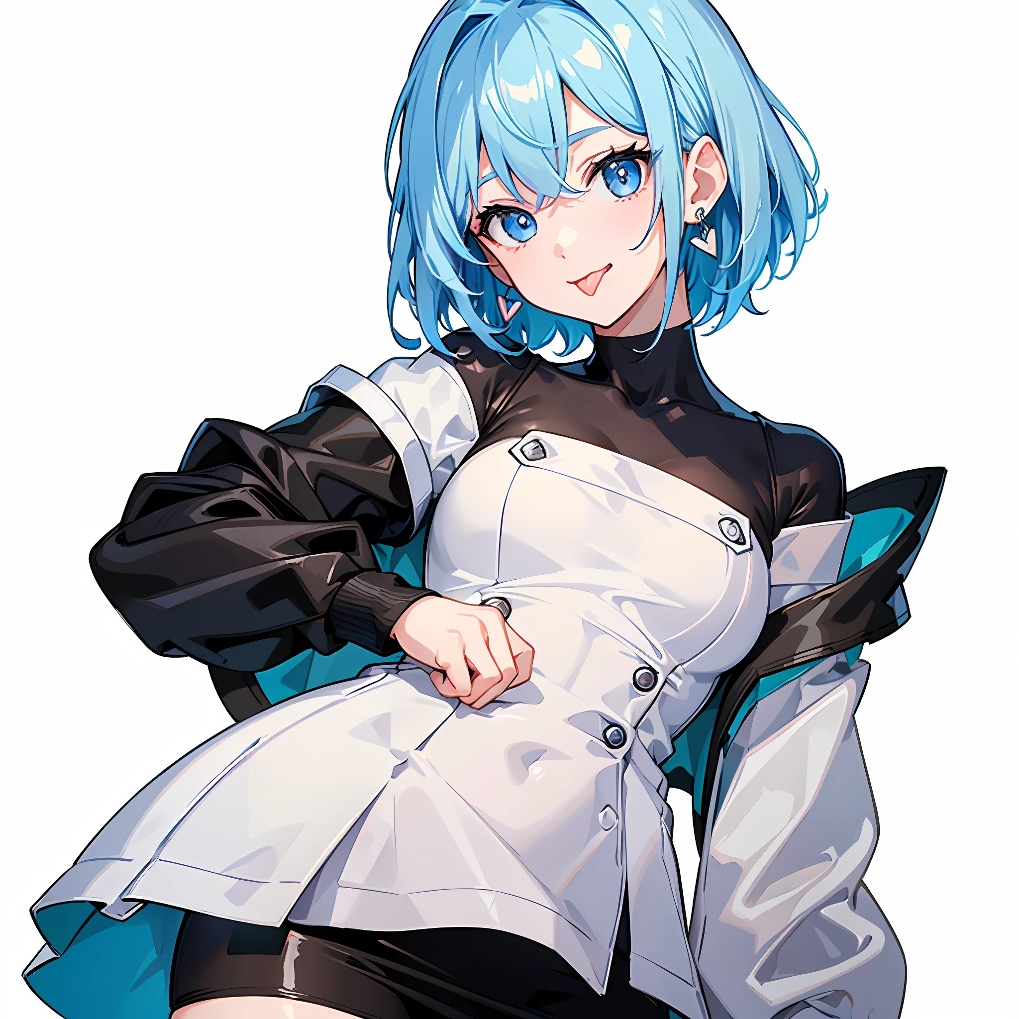 (((Masterpiece)))), (Best Quality))), Hi-Res, High Angle, (Upper Body), Standing, Facing the Viewer, Lively Pose, ((Cute 1 Girl))), Solo, , , White Skin, Small, Eight-headed Person, (Light blue hair), ((Very short hair)), Crisp bangs, Beautiful hair, Blue eyes, Beautiful detail eyes, (((tongue out)), smile, Heart, (Shouldered clothes)), pencil skirt, , futuristic clothes, earrings, white background, shadow lighting,