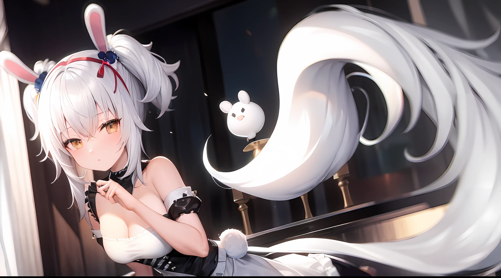 Masterpiece, best quality, maid, fake animal ears, solo, white hair, double tail, pretty face, nice face