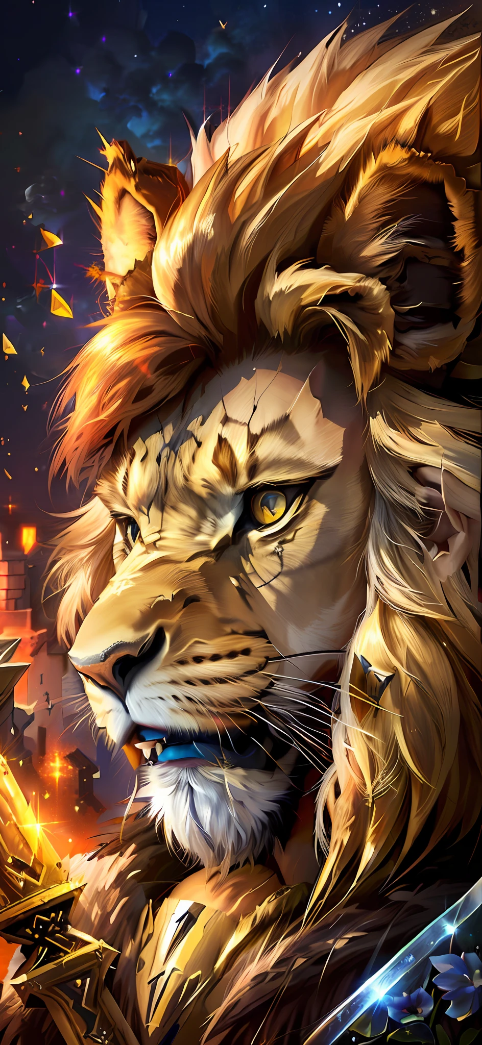 a close up of a lion with a sword and a sword, fire lion, lion warrior, half lion, aslan the lion, fierce expression 4k, lion head, with the mane of a lion, amazing wallpaper, lion's gate, roaring blue lion. majestic, detailed painting 4 k, third lion head, avatar image, lion's mane, by Galen Dara