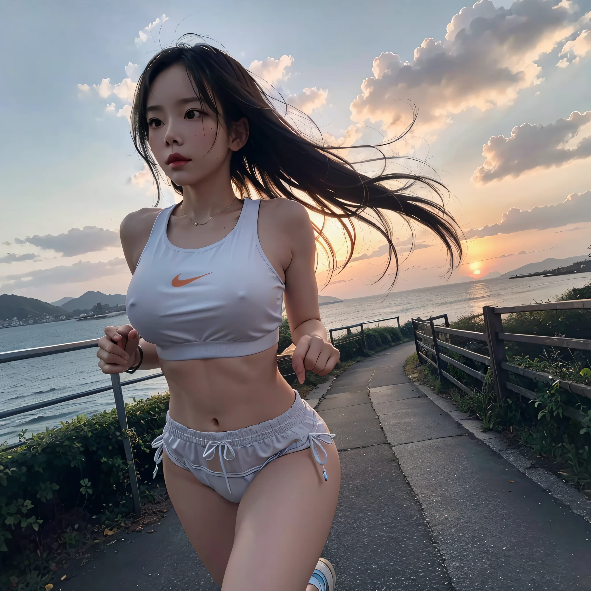 (best quality) A beautiful (1 girl) is jogging in the early morning light. detailed face, sweating, Her (large breasts) bounce with each step as she runs towards the (sunrise) on the horizon, casting a warm glow over the scenery.