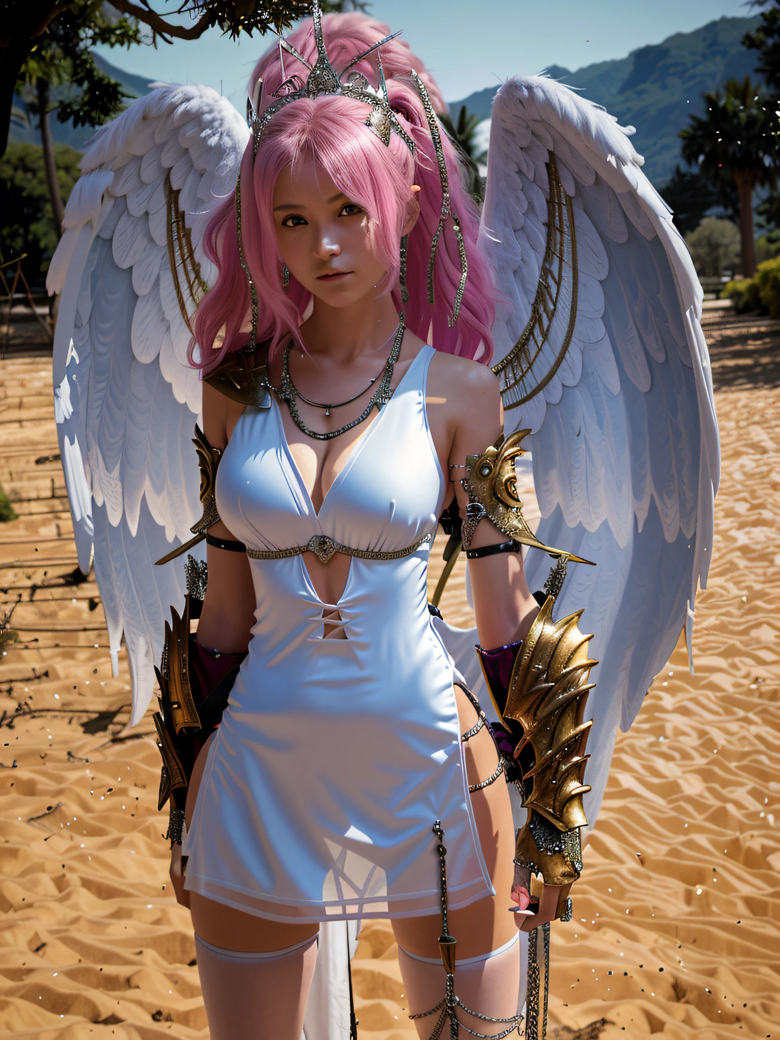 There is a woman with pink hair and wings standing in a field, angel in plastic armor, angel knight girl, epic angel wings, majestic full-bodied angel, wearing angel, like a mystical valkyrie, dressed in ethereal battle armor, succubus in tight short dress, angelic golden armor, wearing angel halo, beautiful cyborg angel girl,  mystical valkyrie, winged archer,8k, sensual, sexy, transparent, ultra realistic, angelic face, green eyes, big tits, +18, short outfit, Big Tits
