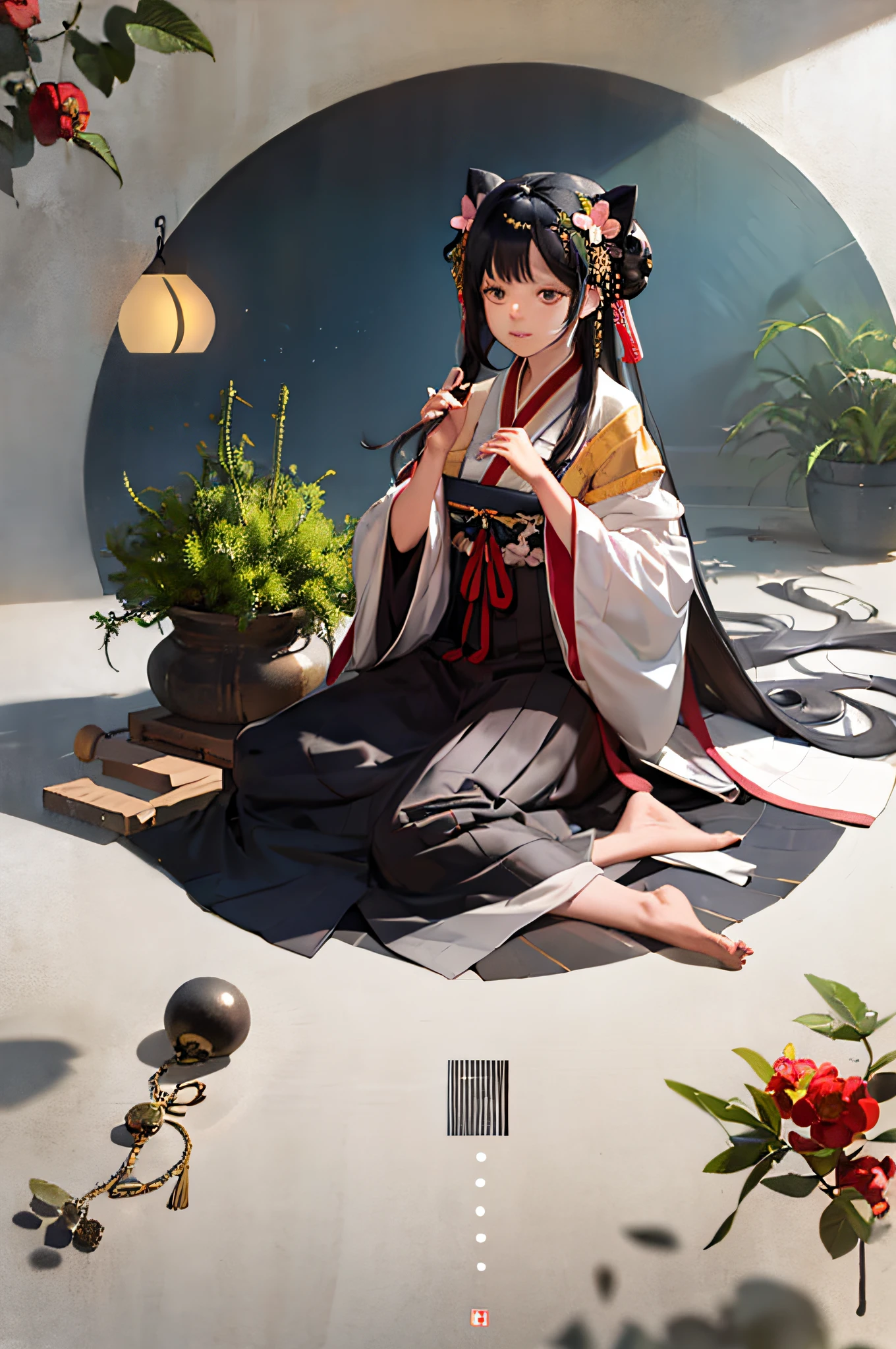 masterpiece, best quality, hanfukozue, 1girl, black hair, bug, butterfly, barefoot, solo, hair ornament, sitting, hanfu, chinese clothes, anklet, leaf, fruit, jewelry, white background, long sleeves, simple background, food, grapes, full body, single hair bun, holding, hair stick, wide sleeves, hair bun, smile, yokozuwari, looking at viewer, long hair, closed mouth, hand up, flower, holding leaf, on floor