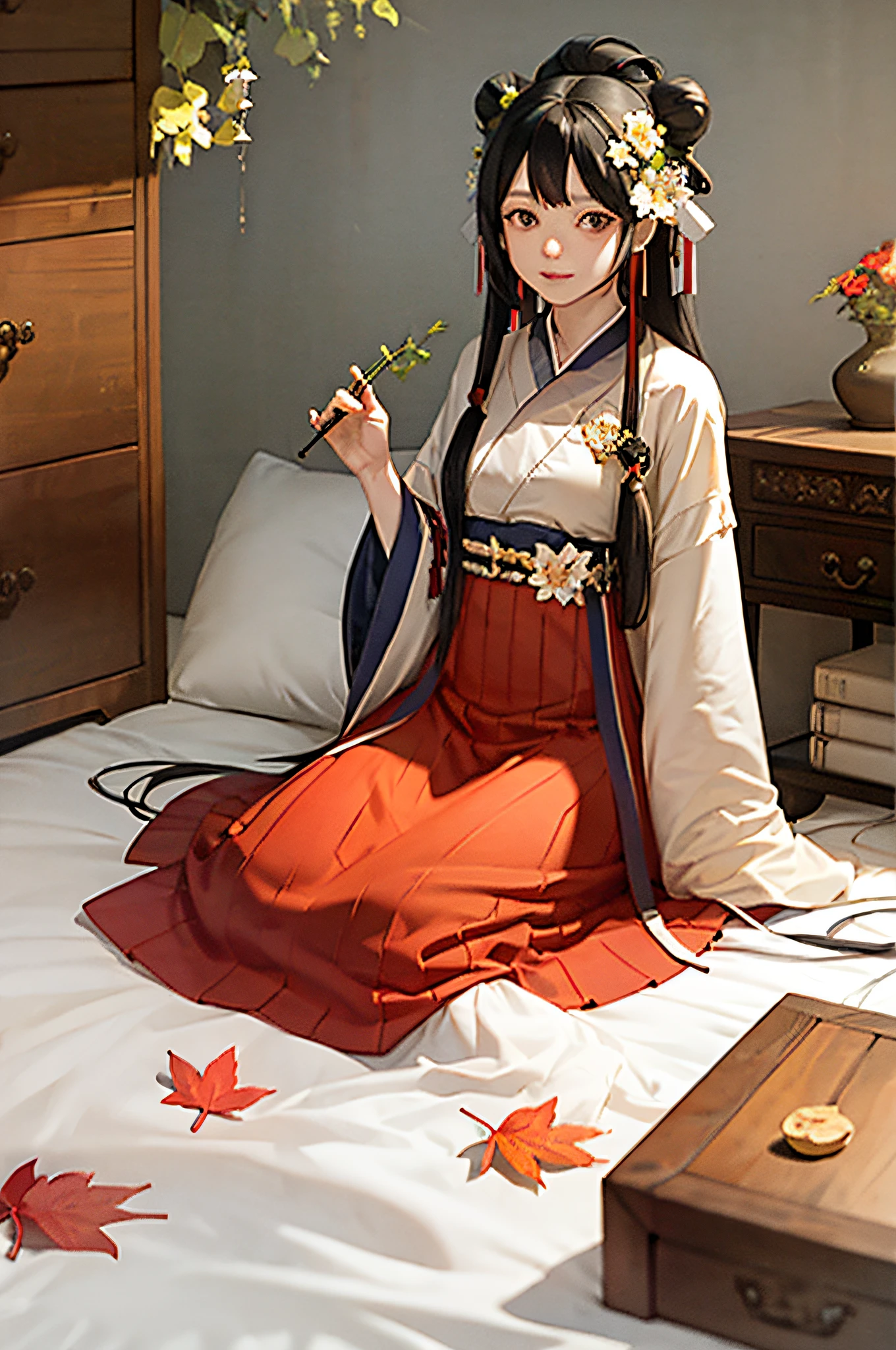 masterpiece, best quality, hanfukozue, 1girl, black hair, bug, butterfly, barefoot, solo, hair ornament, sitting, hanfu, chinese clothes, anklet, leaf, fruit, jewelry, white background, long sleeves, simple background, food, grapes, full body, single hair bun, holding, hair stick, wide sleeves, hair bun, smile, yokozuwari, looking at viewer, long hair, closed mouth, hand up, flower, holding leaf, on floor