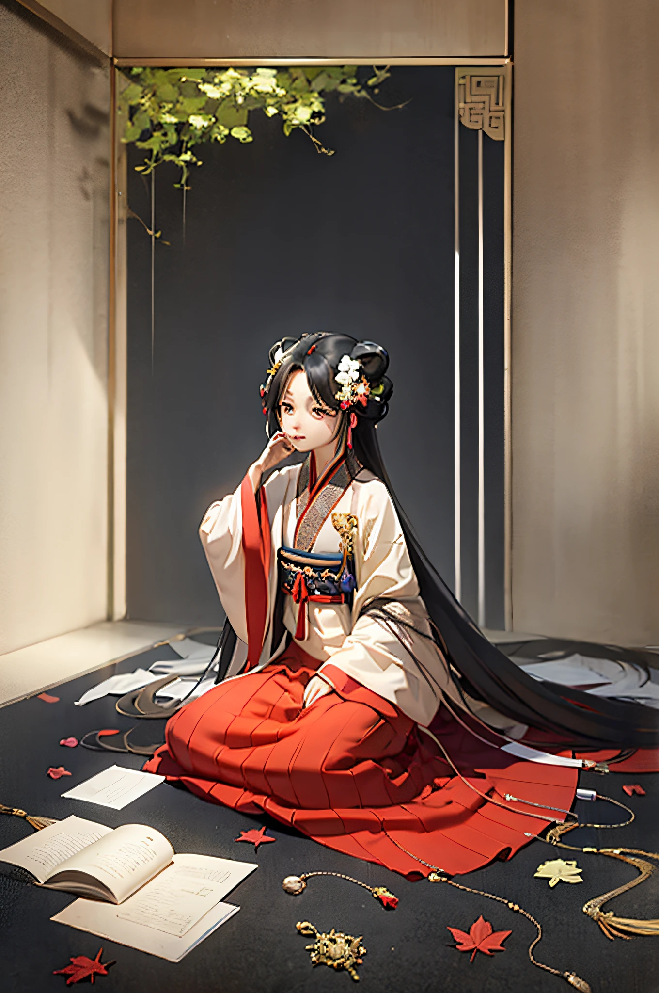 masterpiece, best quality, hanfukozue, 1girl, black hair, bug, butterfly, barefoot, solo, hair ornament, sitting, hanfu, chinese clothes, anklet, leaf, fruit, jewelry, white background, long sleeves, simple background, food, grapes, full body, single hair bun, holding, hair stick, wide sleeves, hair bun, smile, yokozuwari, looking at viewer, long hair, closed mouth, hand up, flower, holding leaf, on floor