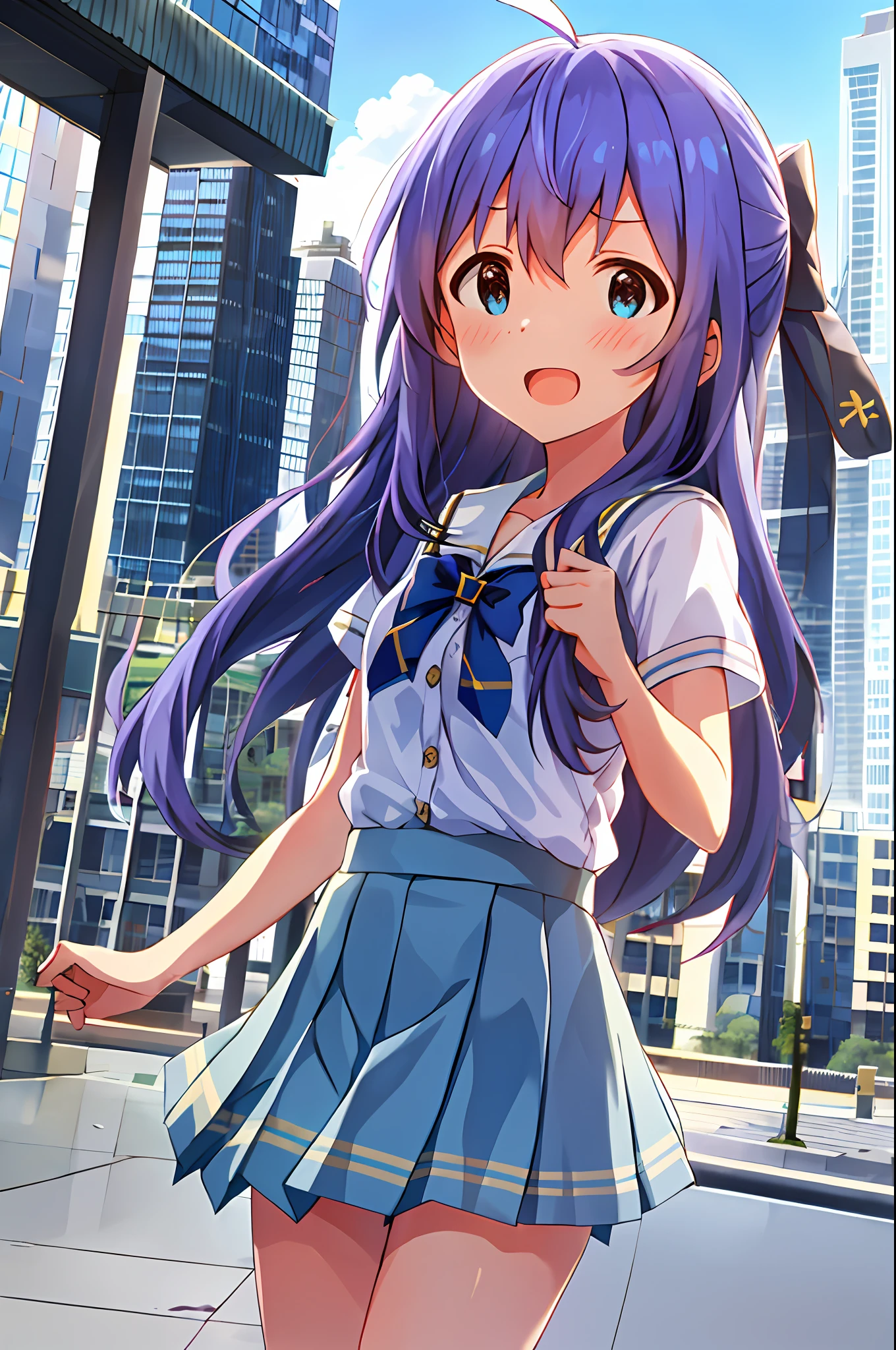 Anna Mochizuki (Million Live), Shiny Trinity \ (Costume), (Best Quality, 8K, Masterpiece, Super Detail: 1.2), Sea, Sun, Dappled Sunlight, Blue Sky, Beautiful Clouds, 1 Girl, Solo, Skirt, Open Mouth, V, View Viewer, White Sailor Color, Blue Shirt, Sailor Color, Blue Skirt, Pleated Skirt, Short Sleeve, :d, Shirt, School Uniform, Blush, Serafuk, Clavicle, Bow, ribbon, blue bow. (((Outside))). (((fighting stance))).,((((Giantization))).dynamic focus.small breasts. (((skyscrapers))). (((Cityscape))). (((Face of sadness))).fighting stance.clench your fists.
