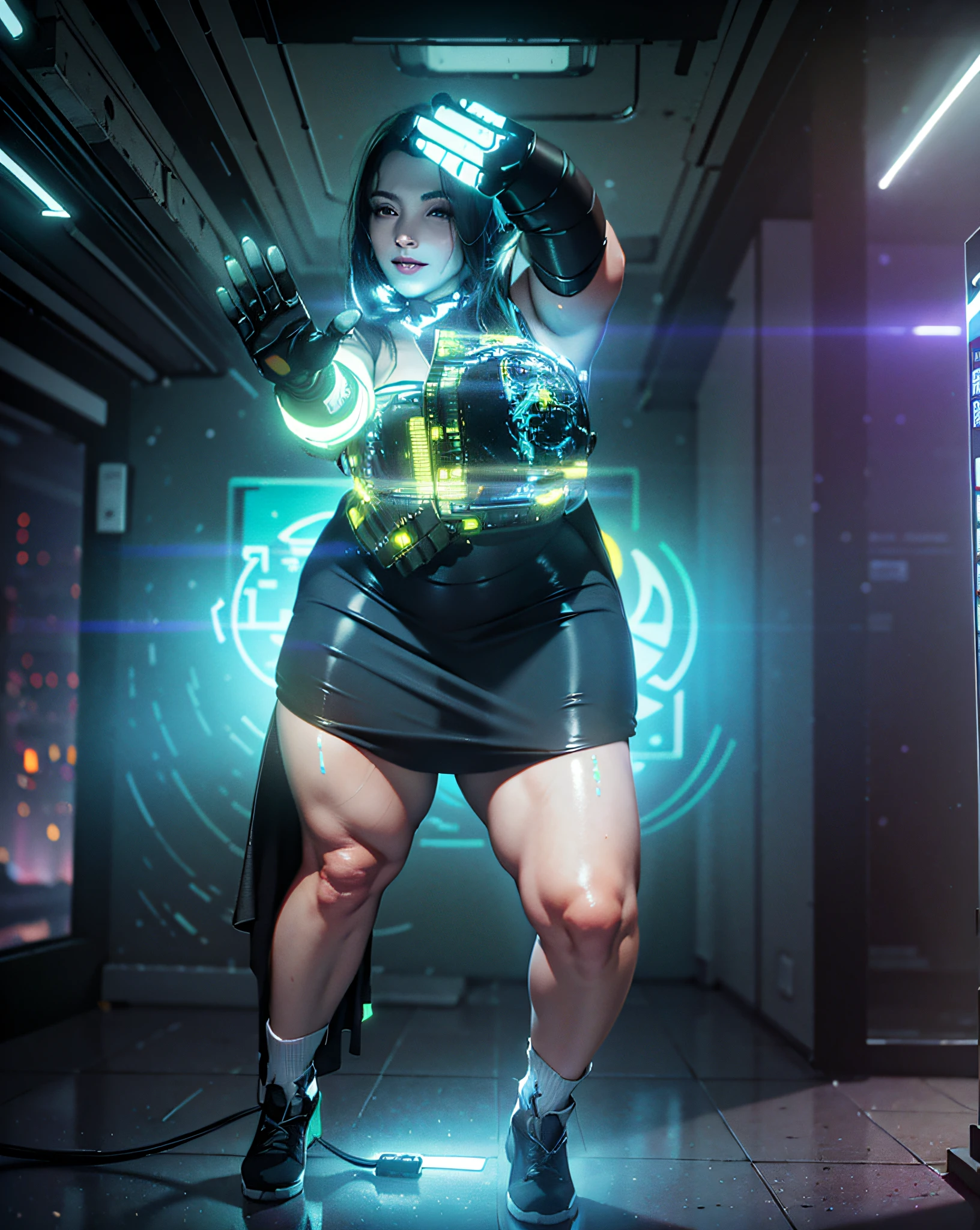 ((Best quality)), ((masterpiece)), (highly detailed:1.3), 3D, beautiful (cyberpunk:1.3) female hacker with thick voluminous hair operating a computer terminal, computer servers, LCD screens, fibre optic cables, corporate logos,HDR (High Dynamic Range),Ray Tracing,NVIDIA RTX,Super-Resolution,Unreal 5,Subsurface scattering,PBR Texturing,Post-processing,Anisotropic Filtering,Depth-of-field,Maximum clarity and sharpness,Multi-layered textures,Albedo and Specular maps,Surface shading,Accurate simulation of light-material interaction,Perfect proportions,Octane Render,Two-tone lighting,Low ISO,White balance,Rule of thirds,Wide aperature,8K RAW,Efficient Sub-Pixel,sub-pixel convolution,luminescent particles, sexy smile