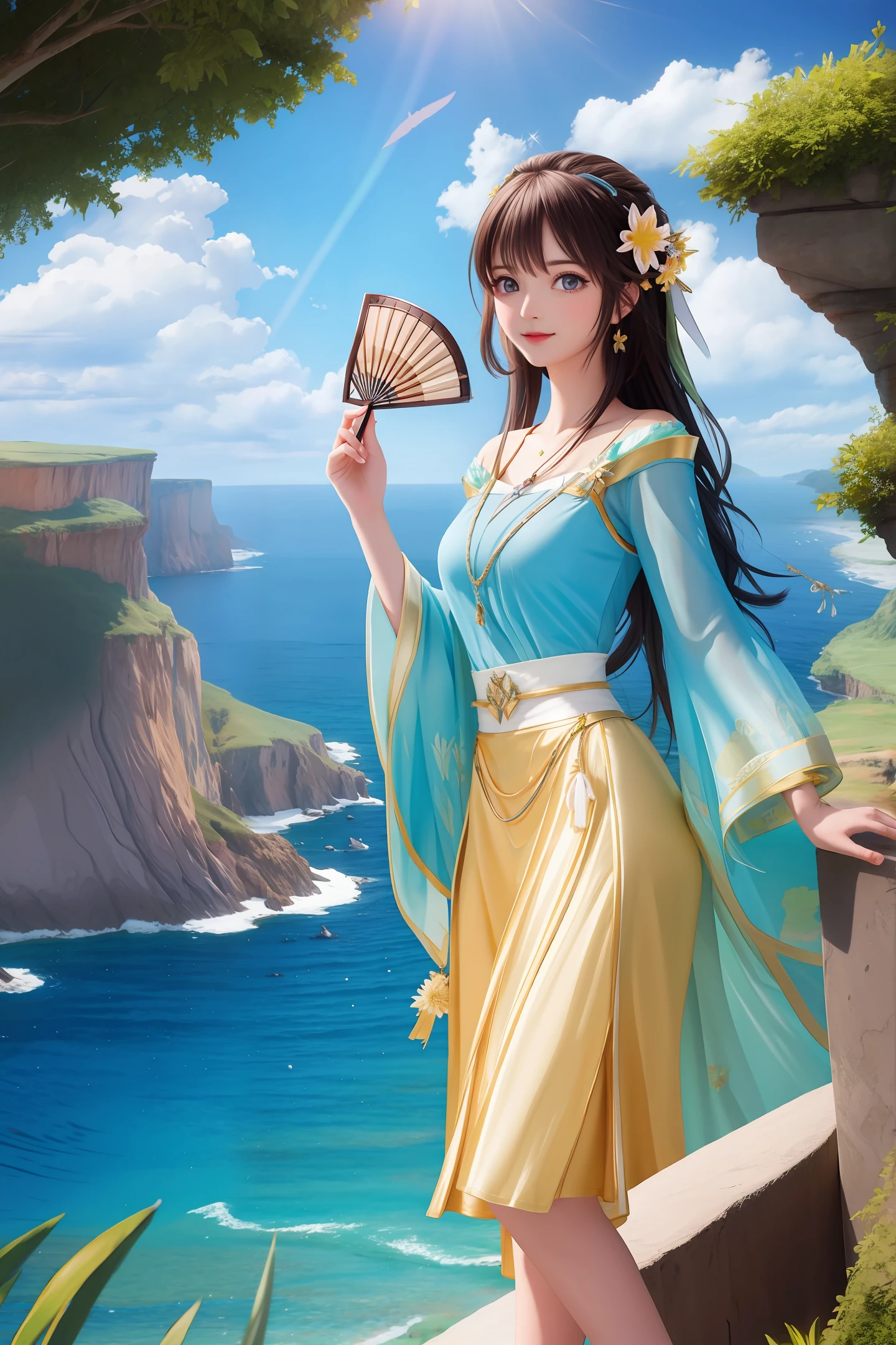 Fan in hand, beauty, cliffside