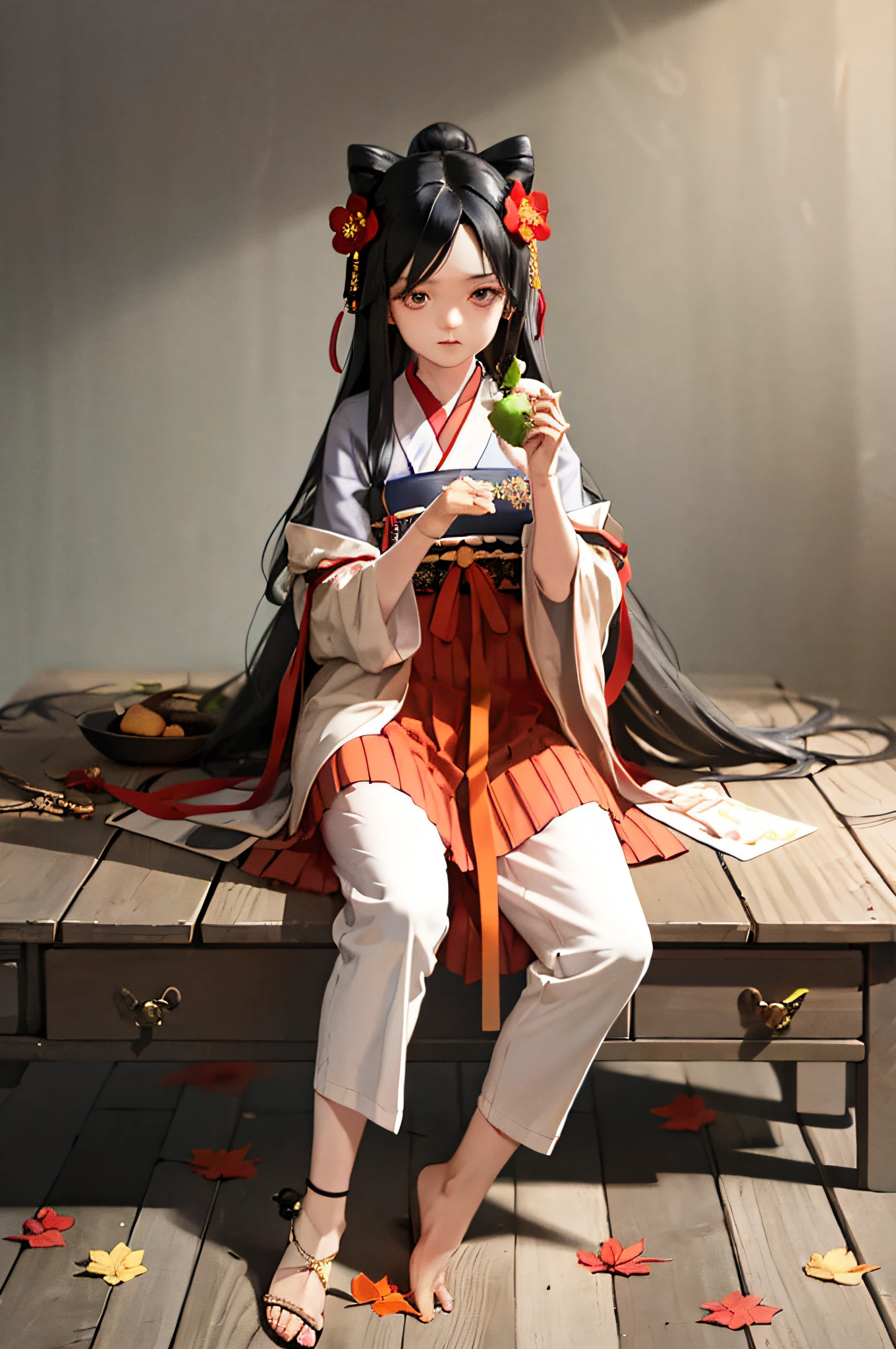 masterpiece, best quality, hanfukozue, 1girl, black hair, bug, butterfly, barefoot, solo, hair ornament, sitting, hanfu, chinese clothes, anklet, leaf, fruit, jewelry, white background, long sleeves, simple background, food, grapes, full body, single hair bun, holding, hair stick, wide sleeves, hair bun, smile, yokozuwari, looking at viewer, long hair, closed mouth, hand up, flower, holding leaf, on floor