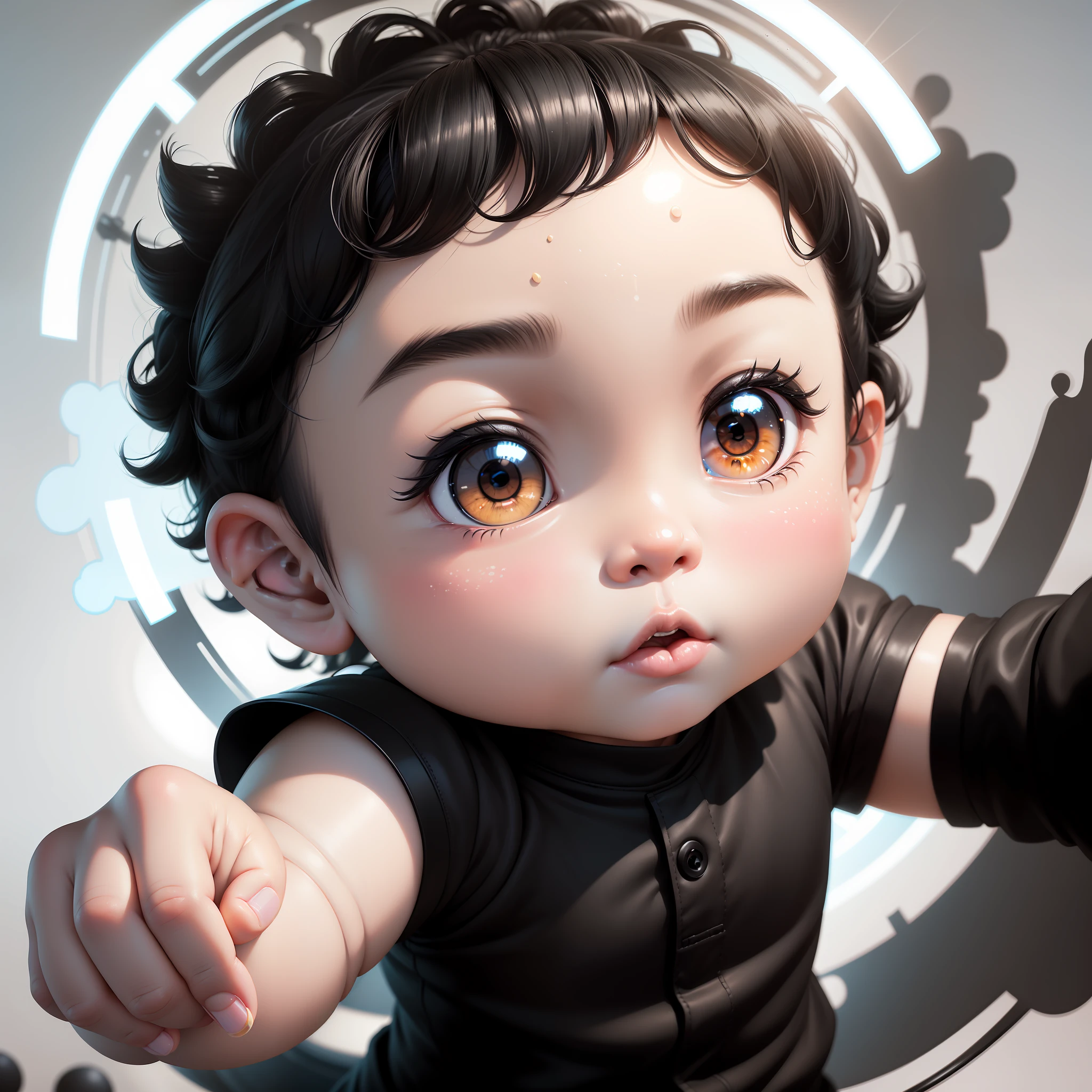 Chibi an asian , pixar splash art, ((white skin)), (((black funfo :1.3)))artist used beautiful bright brown big eyes, asian man, mobile game feature, his skin is light, with soft blue colors, rendered in v-ray, lizzo, disney style, chibi proportions, by Ben Enwonwu, behance art