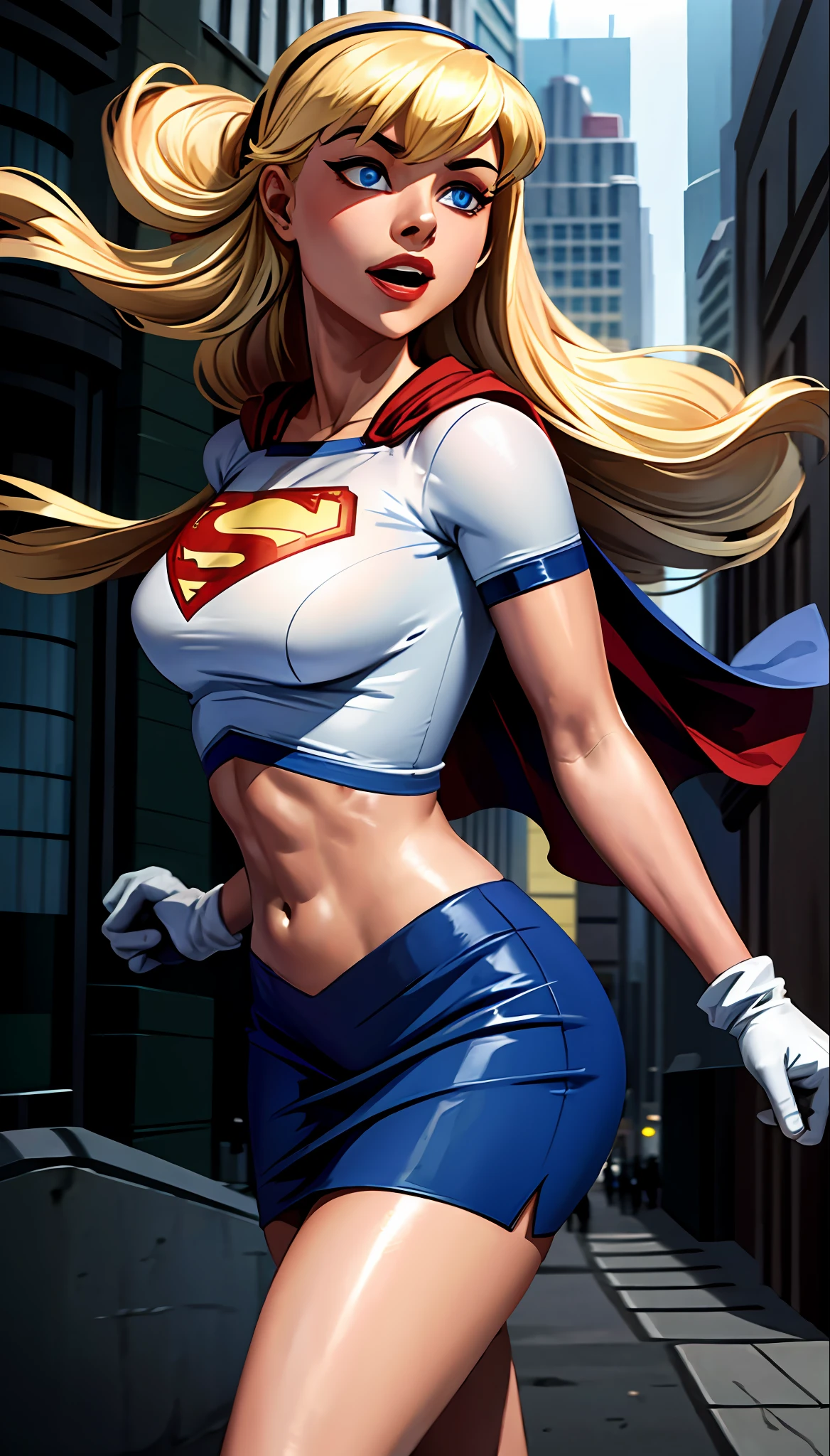 (cowboy shot), SFW, (masterpiece), (best quality: 1.0), (ultra highres: 1.0), detailed eyes,
BREAK
Supergirl, 1girl, long blonde hair, in the air, flying
hair band, \(white\) crop top, short sleeves, cape, blue pencil skirt, gloves, boots
BREAK
(Famous, interview, among audiences)