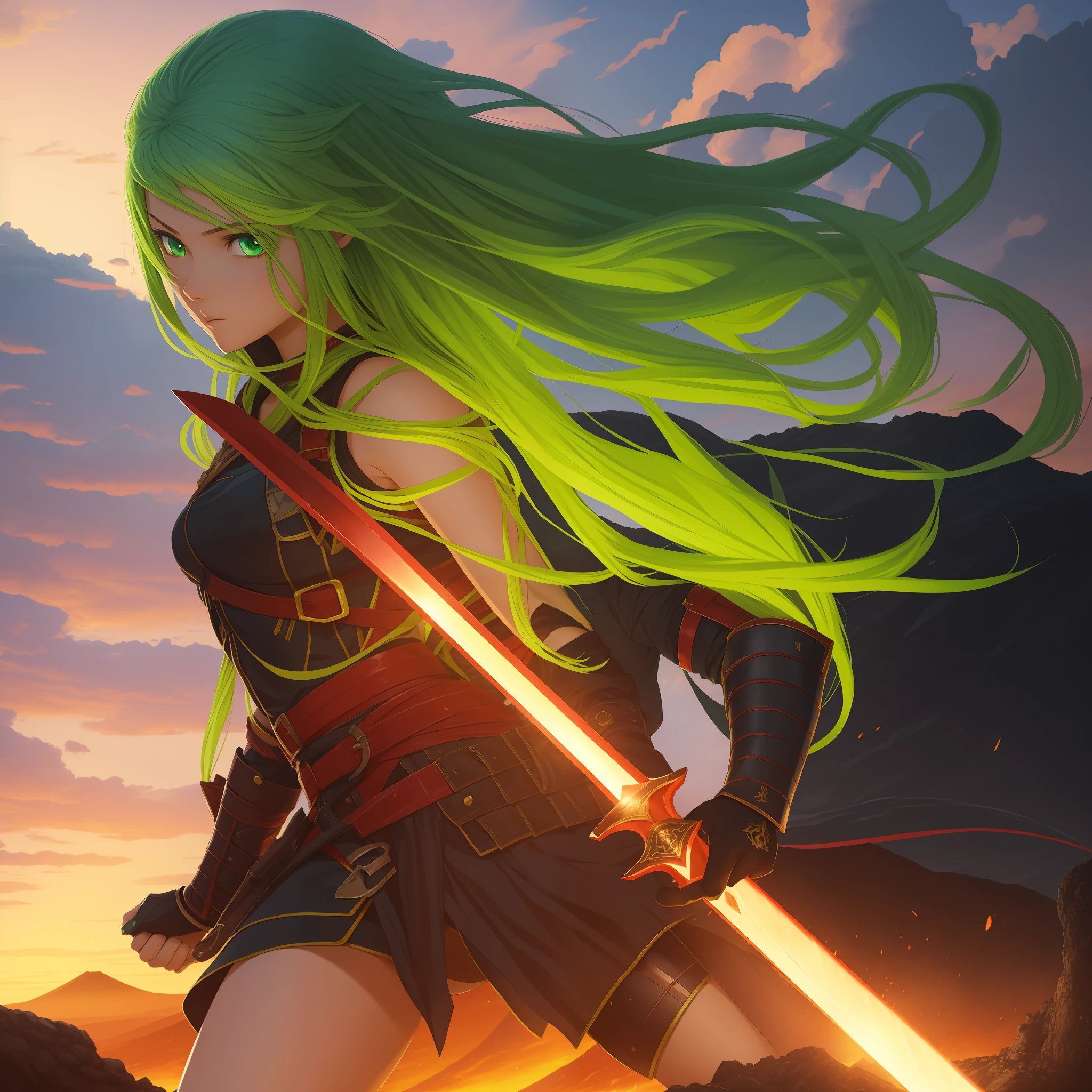 girl near a volcano in attack position to kill pointing her red sword forward full details, hands holding her sword, clear night, anime style, detailed drawing, bright green hair, loose hair, bright yellow eyes, beautiful face, detailed hair, detailed eyes, detailed face, sunset, bright lighting, top view perspective, full body, slim, multifocus perspective image