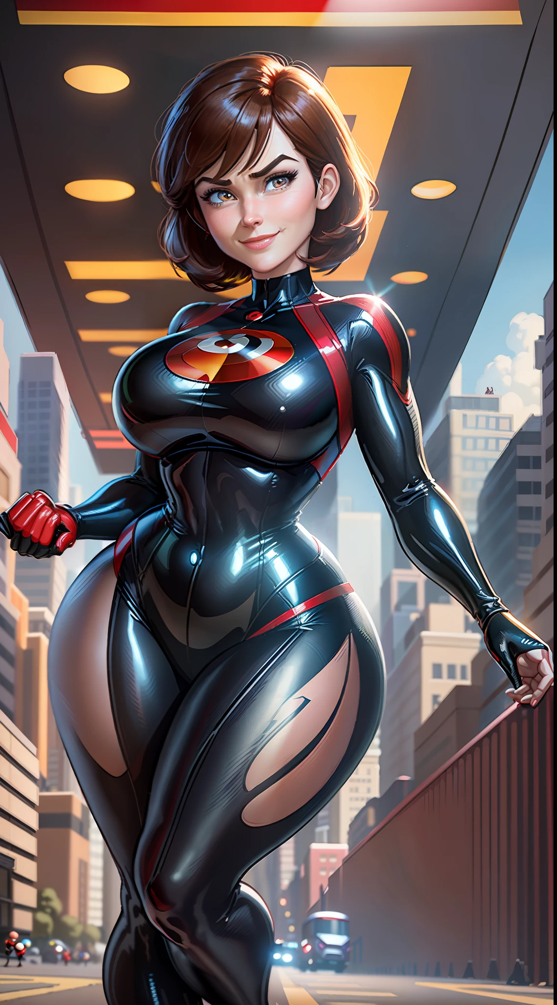 masterpiece, top quality, ultra high resolution, 8k, Helen Parr/Elastigirl (Movie The Incredibles 2), full body, thin, very detailed face, identical face, detailed eyes, mischievous smile, cheerful manner, wide hips, thick thighs, plump thighs, smooth and soft pellet