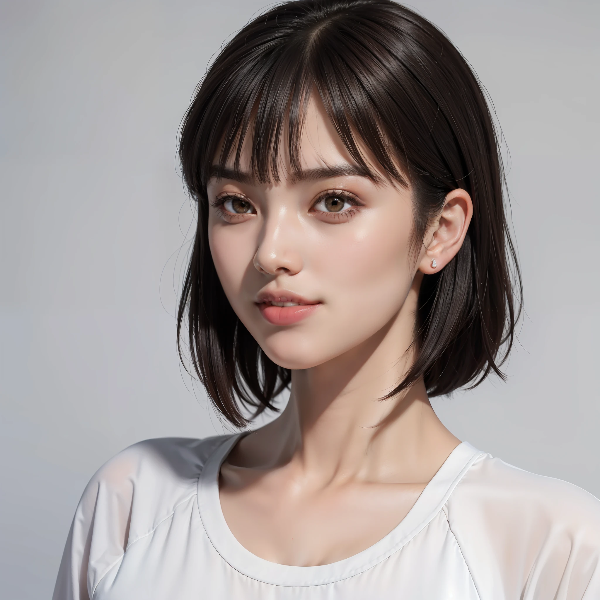 zydG, 1girl, Detailed skin, View viewer, Brown eyes, (Short hair with bangs: 1.2), (Big: 1.0), (Areola: 0.8), Parted lips, Teeth, Smile, (Photorealistic: 1.4), (Best quality: 1.0), (Ultra High Definition: 1.0), 8K, RAW photography, (Masterpiece: 0.2), (Sportswear: 1.5), Side view, Portrait, (pureerosface_ v1: 0.5) Long neck, white background, empty background, ears out