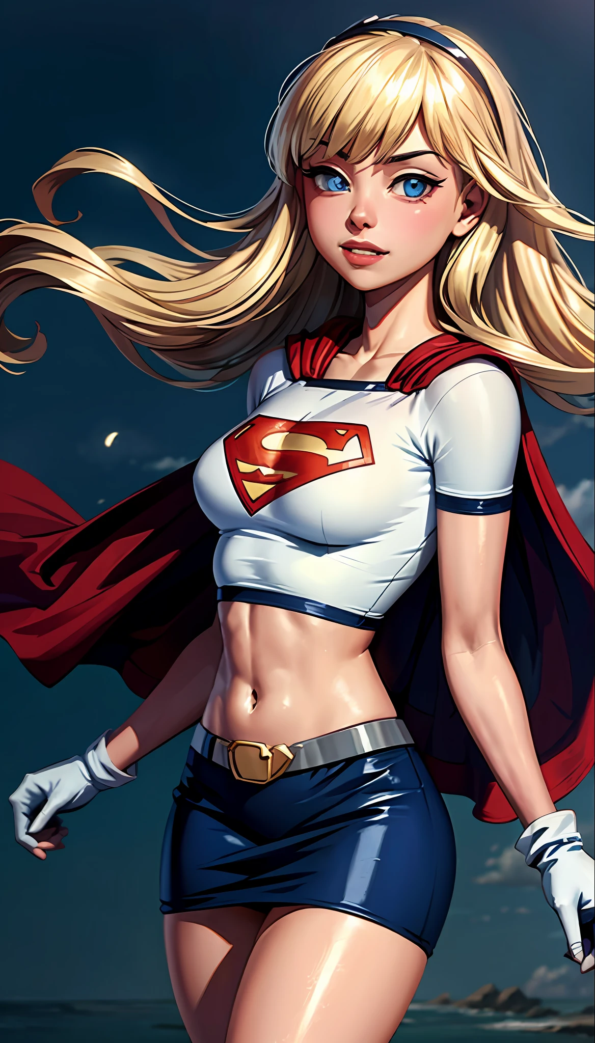 (cowboy shot), SFW, (masterpiece), (best quality: 1.0), (ultra highres: 1.0), detailed eyes,
BREAK
Supergirl, 1girl, long blonde hair, in the air, flying
hair band, \(white\) crop top, short sleeves, cape, blue pencil skirt, gloves, boots
BREAK
(Famous, interview, among audiences)