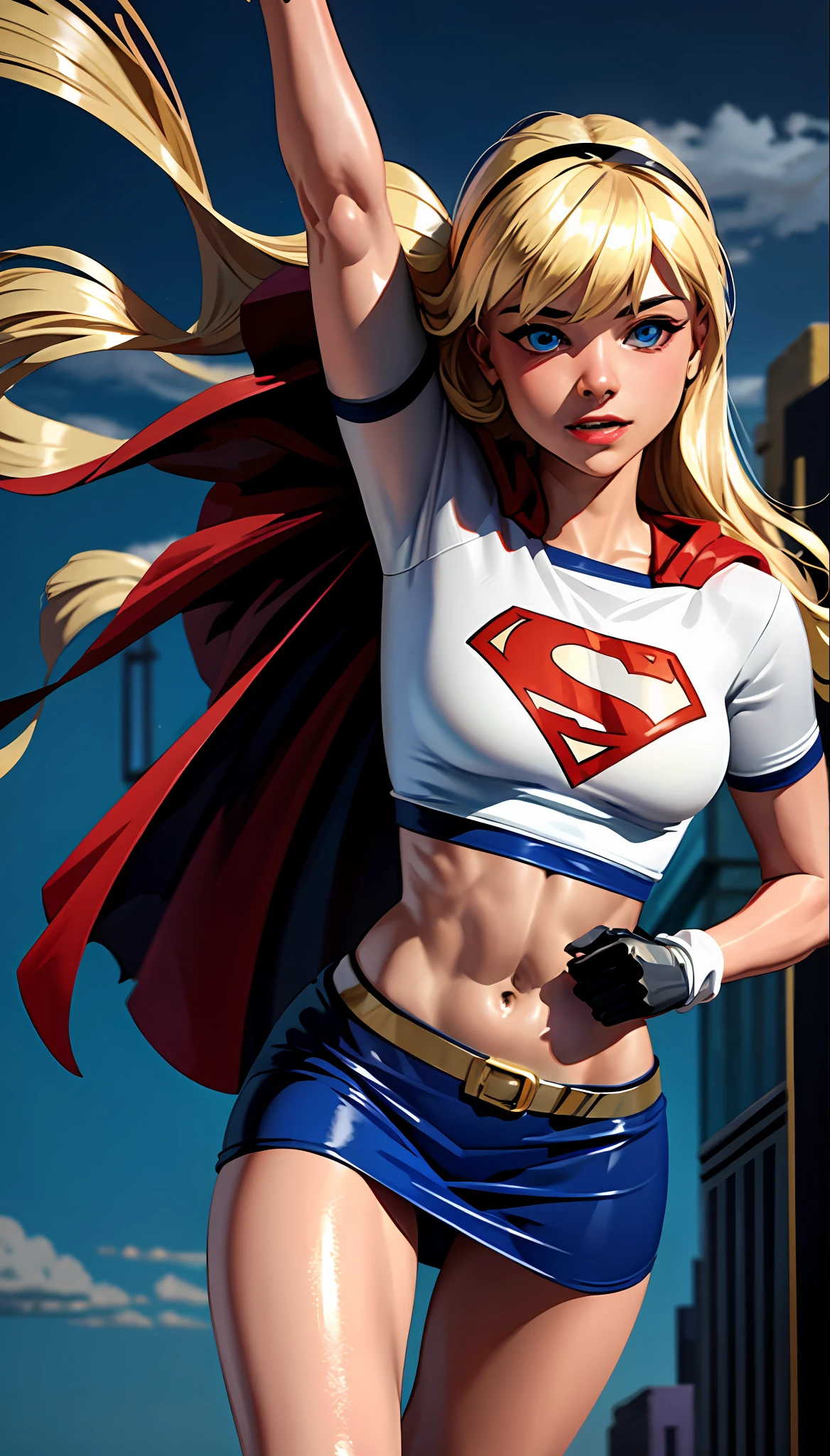 (cowboy shot), SFW, (masterpiece), (best quality: 1.0), (ultra highres: 1.0), detailed eyes,
BREAK
Supergirl, 1girl, long blonde hair, in the air, flying
hair band, \(white\) crop top, short sleeves, cape, blue pencil skirt, gloves, boots
BREAK
(Famous, interview, among audiences)