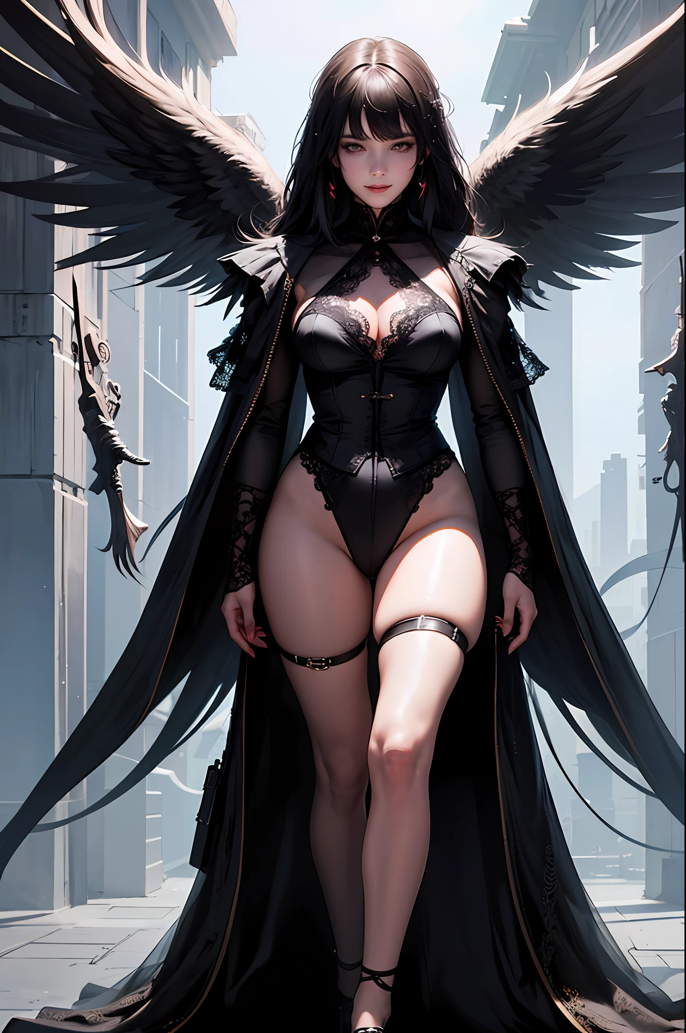 Official Art, Unity 8k Wallpaper, Super Detailed, Beautiful, Beautiful, Masterpiece, Top Quality, Too Classy, Unrivaled, Darkness, Madness, Satanism, Atmosphere, Mystery, Romanticism, Erotic, Spooky, Literature, Art, Fashion, Cyberpunk, Victorian, Embellishment, Complexity, Lace, Contemplation, Emotional Depth, Supernatural, 1 Girl, Big, Smile, Solo, Neck, Full Body Composition