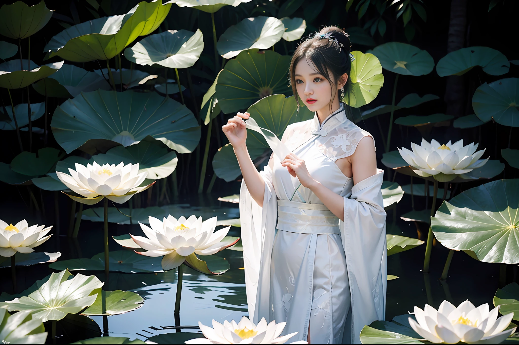 realistic, large vista, wide-angle lens, intricate details, ultra-detailed, natural skin texture, 1 girl, bun, beautiful Chinese woman in white hanfu robe cape, clothes with four very thin delicate streamers, fairy, white mist, golden light, outdoors, large white lotus, beautiful scenery Deep in the lotus pond, (colorful, vivid, sunny, Cool Light: 1.2) Lotus leaves in the pond, delicate facial details, dynamic poses, exquisite details, wide view, epic details, global illumination - ar 3:2 - q 5 - v 5.1 - style raw - s 750, style influenced by ancient Chinese art, complex, high detail, sharp focus, dramatic, photorealistic painting art, lotus leaf, spring rain, bright, light, atmosphere, spring bright tones, super detail, 16k, best quality, soft light, space, crystal clear, natural light, surreal photography,
