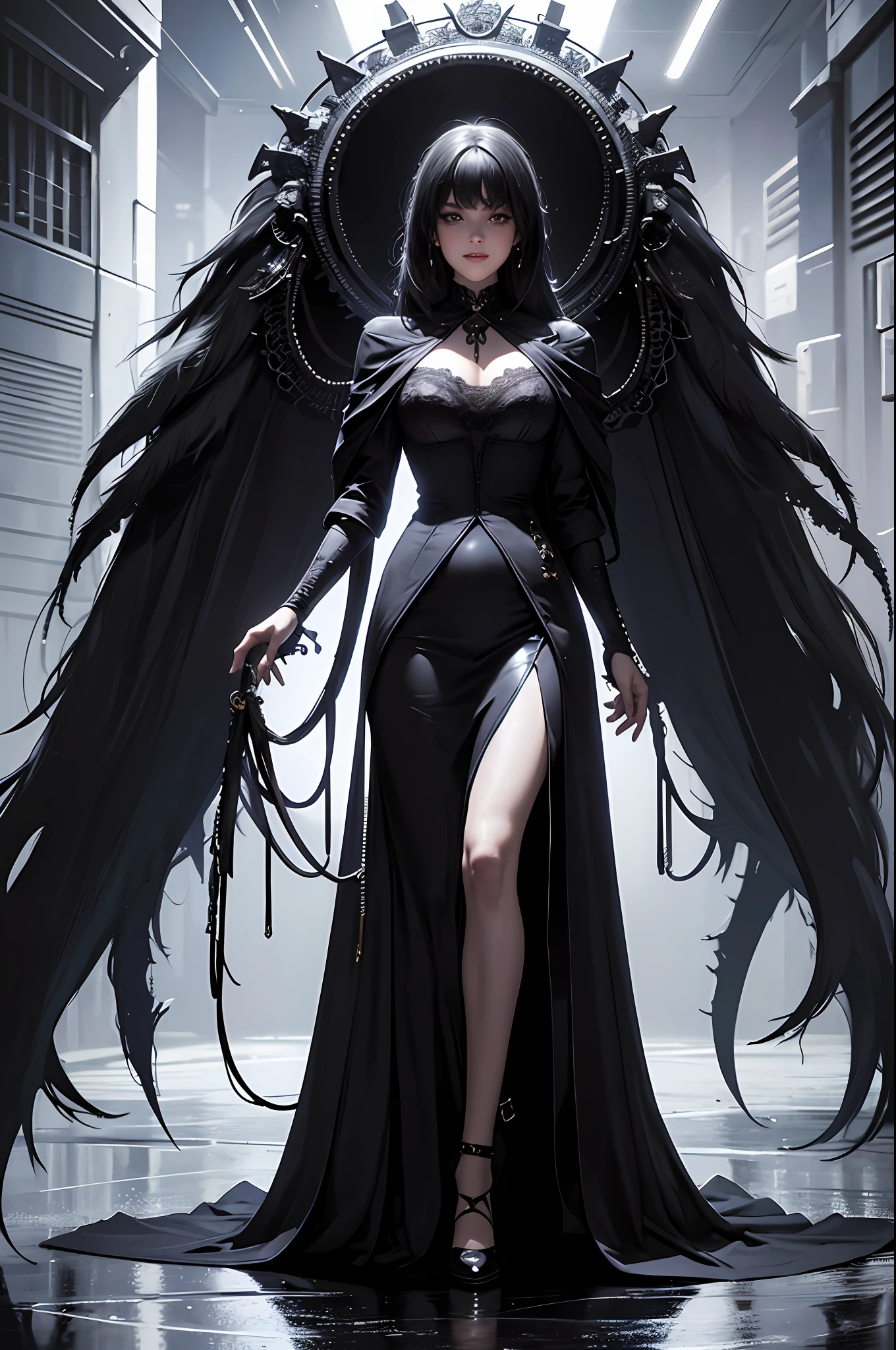 Official Art, Unity 8k Wallpaper, Super Detailed, Beautiful, Beautiful, Masterpiece, Top Quality, Too Classy, Unrivaled, Darkness, Madness, Satanism, Atmosphere, Mystery, Romanticism, Erotic, Spooky, Literature, Art, Fashion, Cyberpunk, Victorian, Embellishment, Complexity, Lace, Contemplation, Emotional Depth, Supernatural, 1 Girl, Big, Smile, Solo, Neck, Full Body Composition