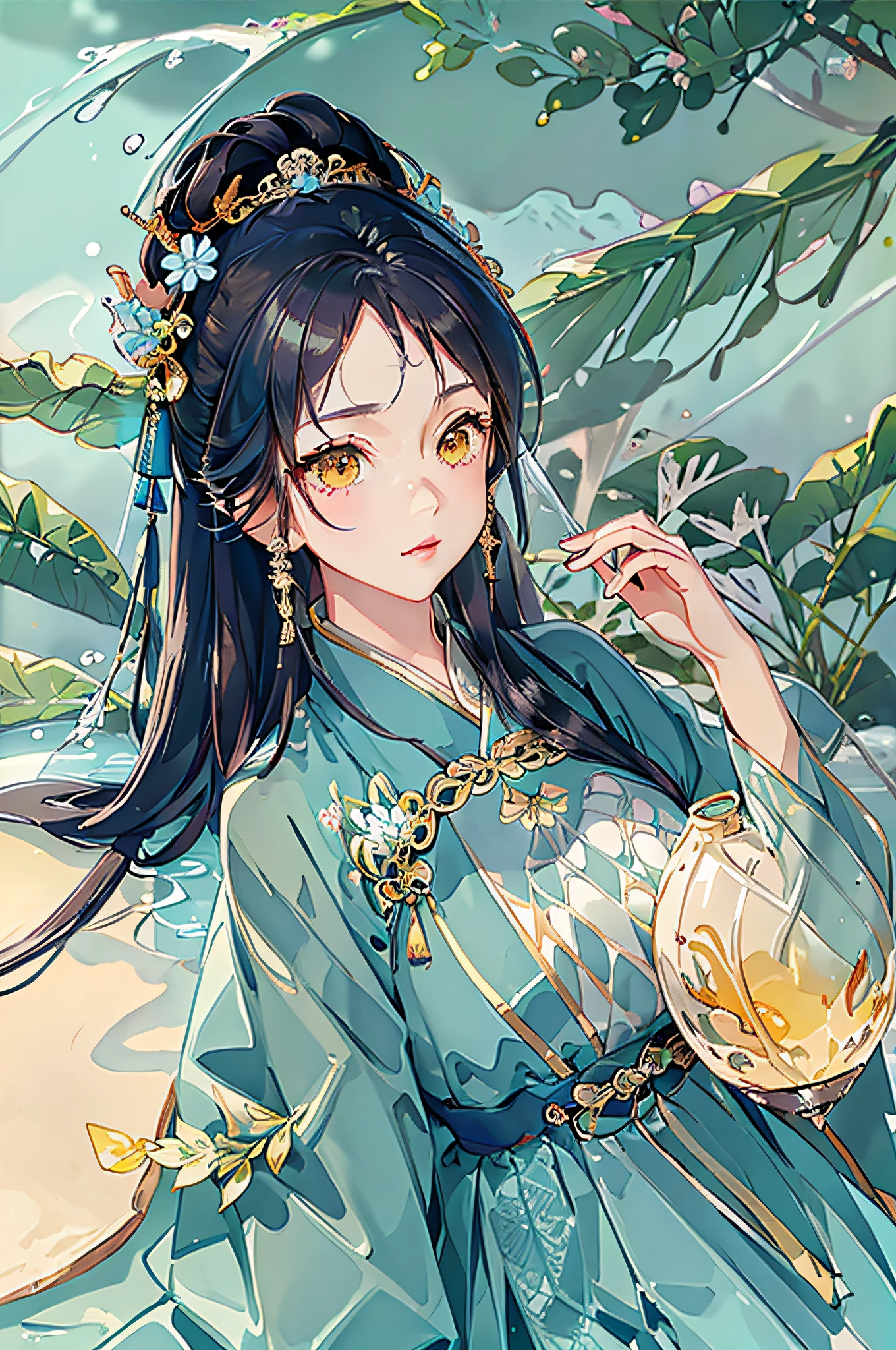 best quality, intricate details, highres,(beautiful detailed water:1.4),(hanfu, tang style),yellow eyes,(1girl in glass jar:1.1),