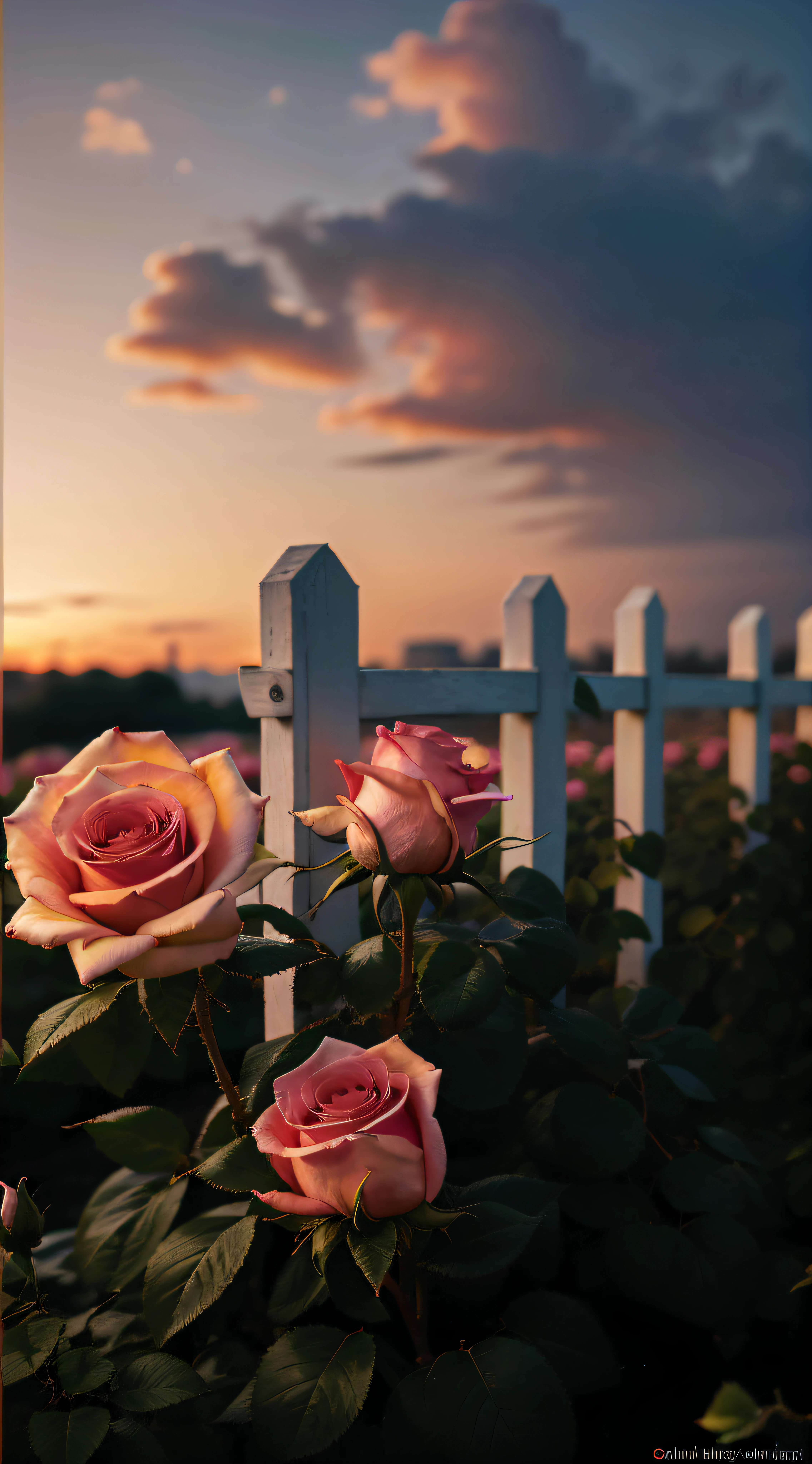 The sky is a magnificent sunset, In front of it is a row of white fences, The fence is covered with delicate roses, The colors of the roses are colorful, The whole picture is romantic, reality, high detail, Realism, chromatic aberration, chiaroscuro, UHD, masterpiece, ccurate, anatomically correct, super detail, high details, high quality, award winning, best quality, highres, 16k
