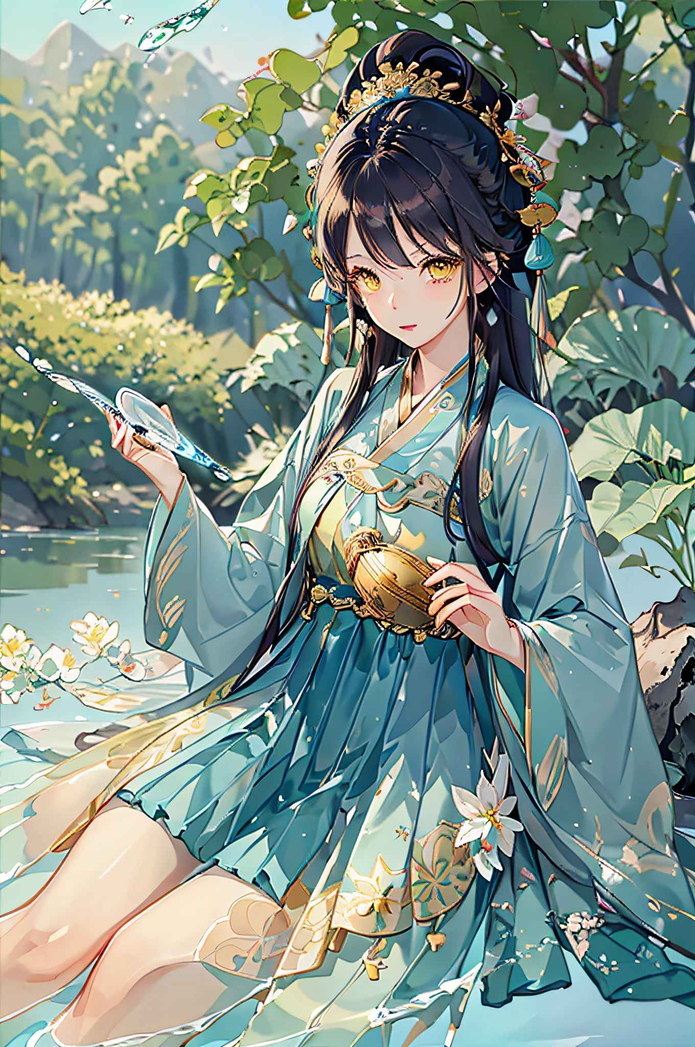 best quality, intricate details, highres,(beautiful detailed water:1.4),(hanfu, tang style),yellow eyes,(1girl in glass jar:1.1),