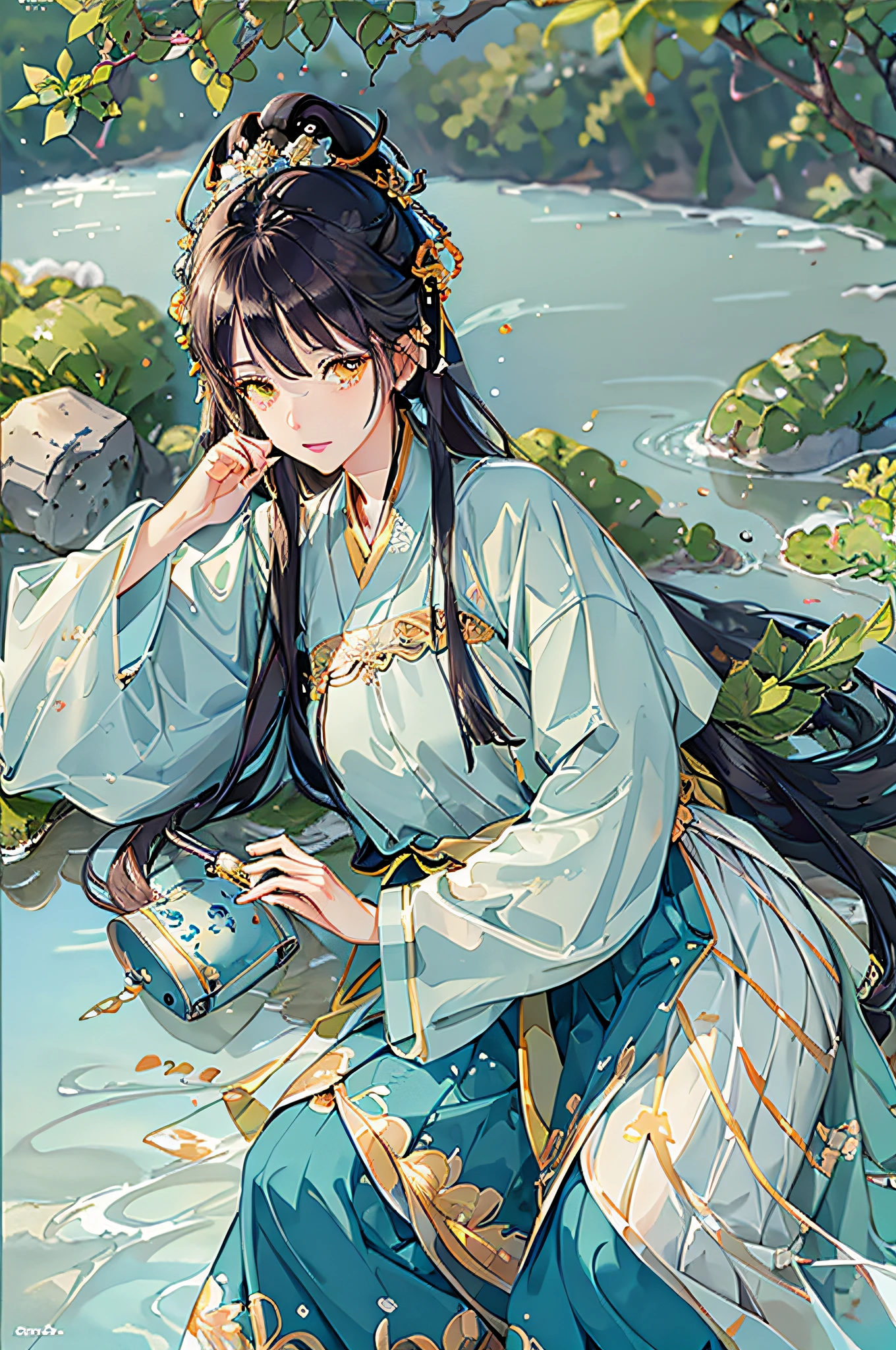 best quality, intricate details, highres,(beautiful detailed water:1.4),(hanfu, tang style),yellow eyes,(1girl in glass jar:1.1),