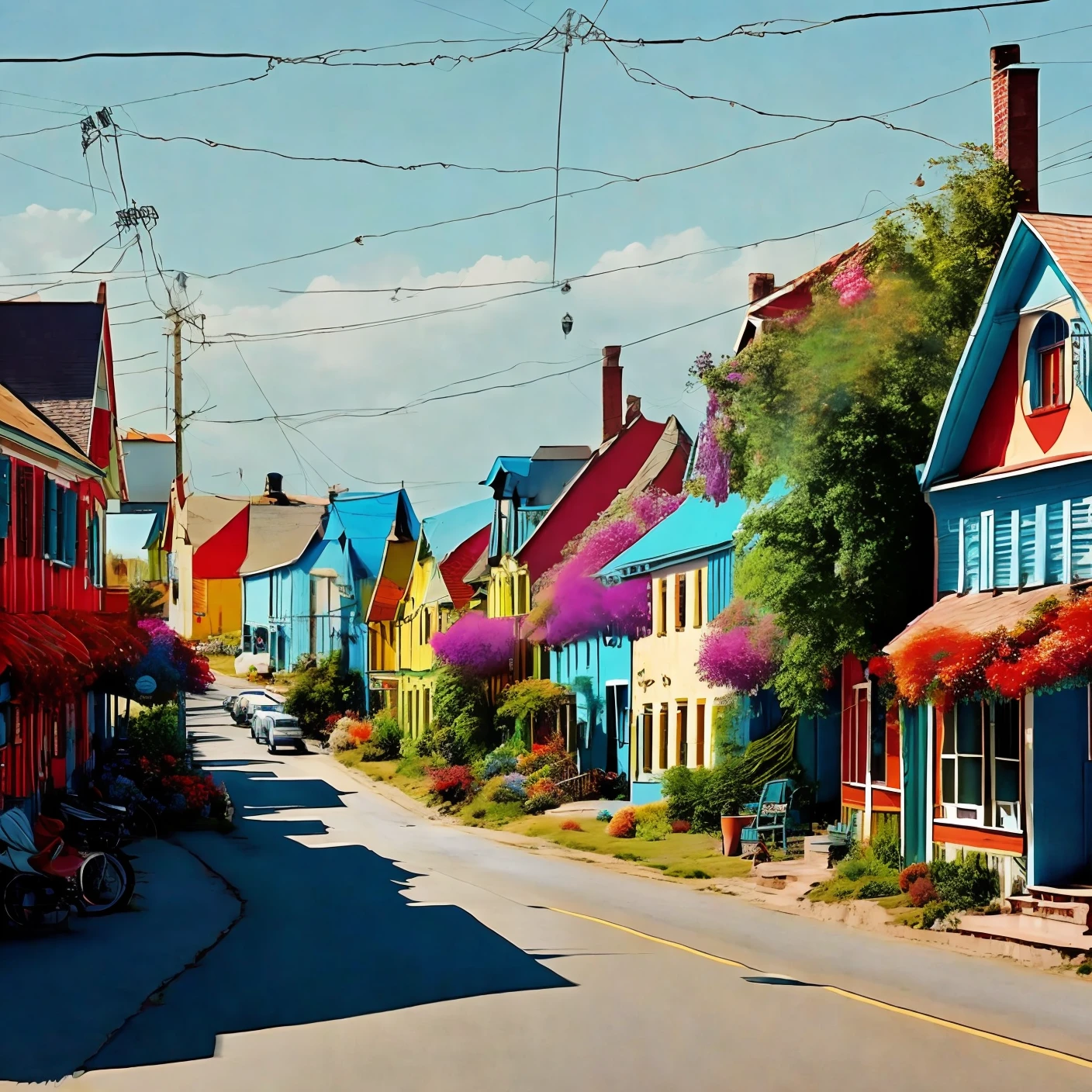 A beautiful small town with colorful houses and quiet streets, with soft music in the background.