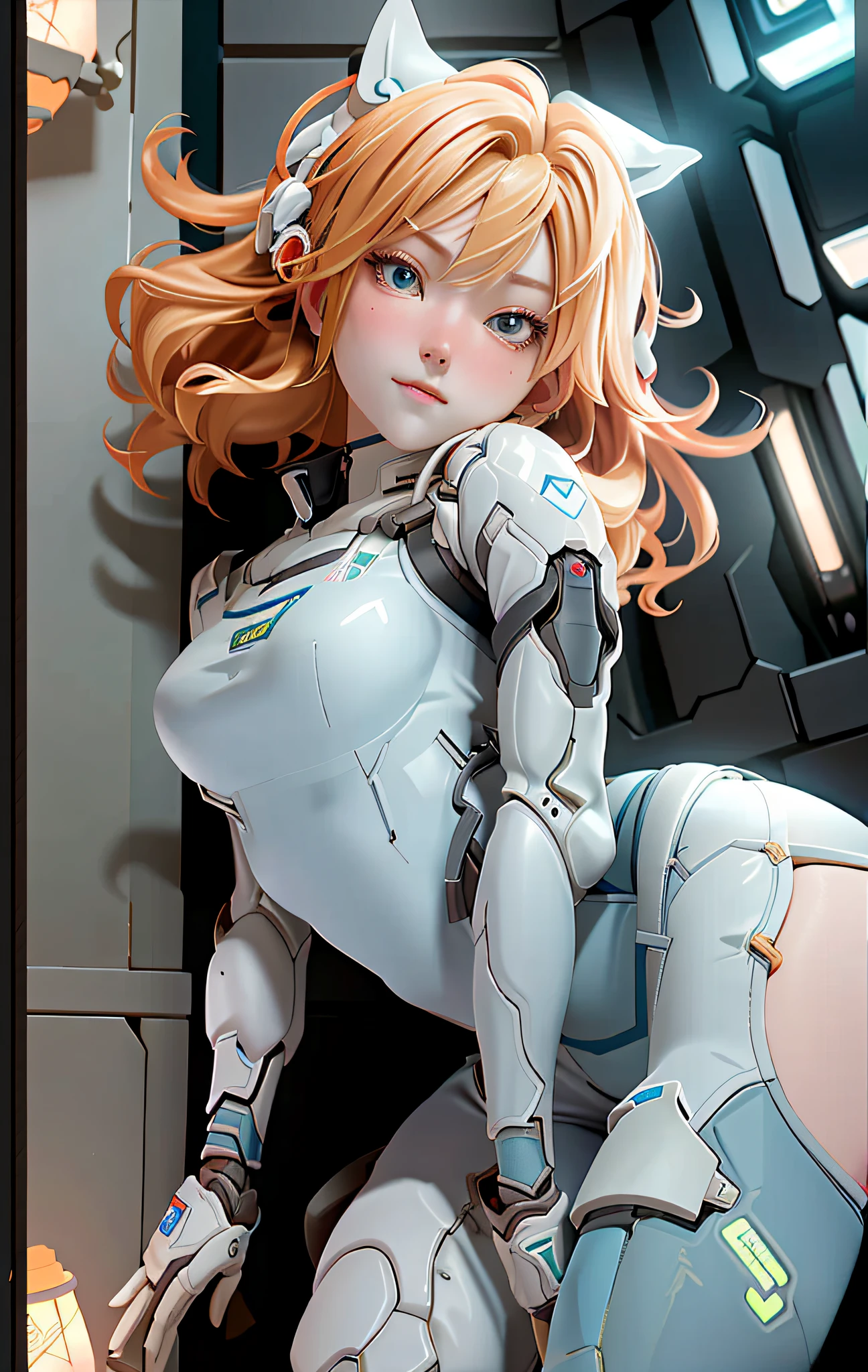 (Overhead view),dynamic angle,ultra-detailed, illustration, close-up, straight on, 1girl, ((souryuu asuka langley, interface headset, red bodysuit:1.4, blonde)),Her eyes shone like dreamy stars,(glowing eyes:1.233),(beautiful and detailed eyes:1.1),(expressionless,closed mouth),(standing), (mechanic room with toolsand spaceship windowin a white SPACESHIP), (night:1.2),dreamy, [[delicate fingers and hands:0.55]::0.85],(detail fingers),