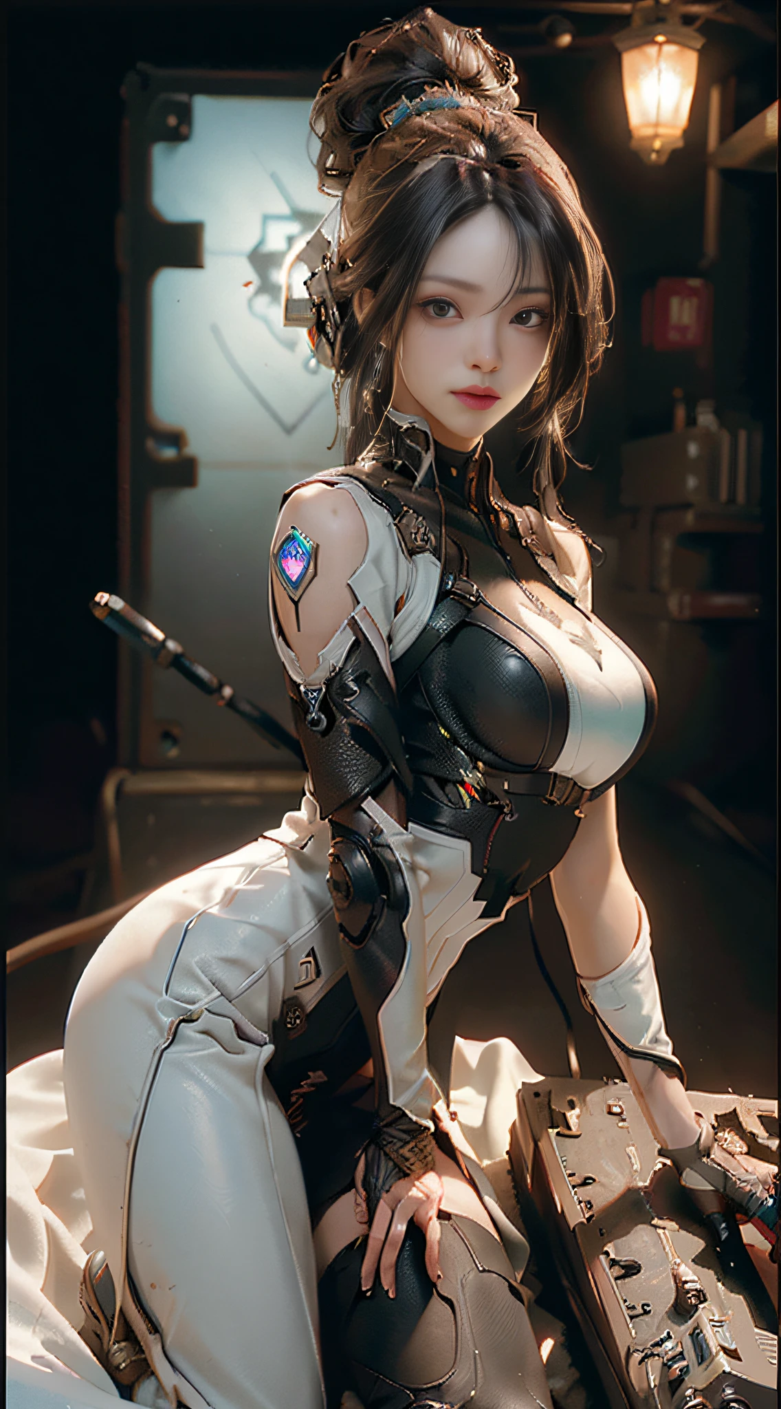 ((Best quality)), ((masterpiece)), (detailed:1.4), 3D, an image of a beautiful cyberpunk female,HDR (High Dynamic Range),Ray Tracing,NVIDIA RTX,Super-Resolution,Unreal 5,Subsurface scattering,PBR Texturing,Post-processing,Anisotropic Filtering,Depth-of-field,Maximum clarity and sharpness,Multi-layered textures,Albedo and Specular maps,Surface shading,Accurate simulation of light-material interaction,Perfect proportions,Octane Render,Two-tone lighting,Wide aperture,Low ISO,White balance,Rule of thirds,8K RAW,