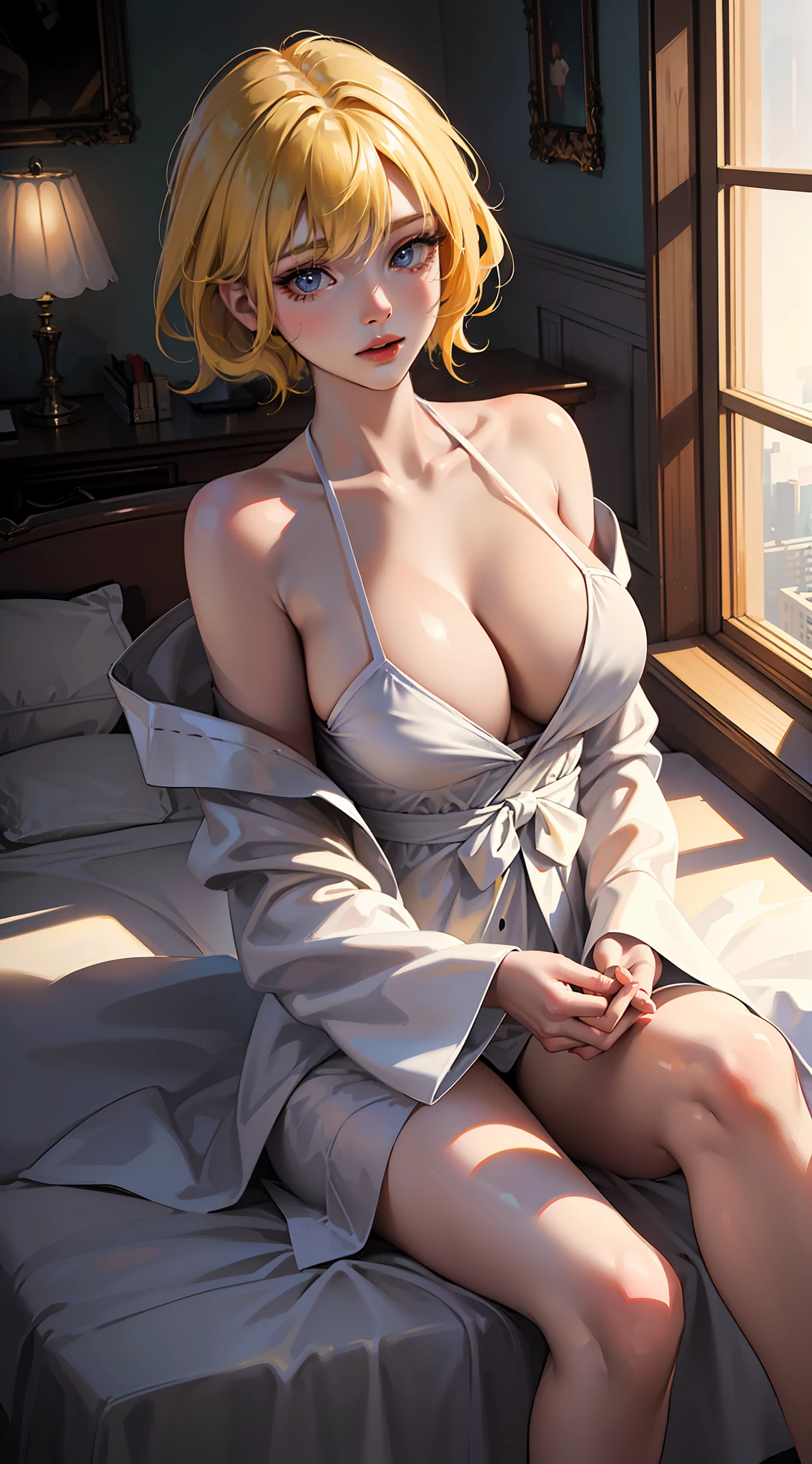 (Lying in bed 1.5), (Wet Hair 1.5) (Yellow Hair 1.5) (Ultra Short Hair 1.5), (cleavage), (Larger Boobs), (Wearing a bathrobe), (Best Quality), Ultra Detailed, Ultra Realistic, Octane Renderer, High Dynamic Range, (HDR), 32K Resolution, Super Resolution, Megapixels, Glare Lighting, Mirror Light Hologram, Ray Tracing, Semi-Reflective Lighting, Natural Lighting, Incandescent Lighting, Fiber Optics, Emotional Lighting, Film and TV Lighting, Studio Lighting, Soft Lighting, Volumetric Light, Backlight, Beautiful Lighting, Accent Lighting, Global Illumination, Screen Space Global Illumination, Ray Traced Global Illumination, Optics, Scattering, Glowing, Shadows, Roughness, Flickering,