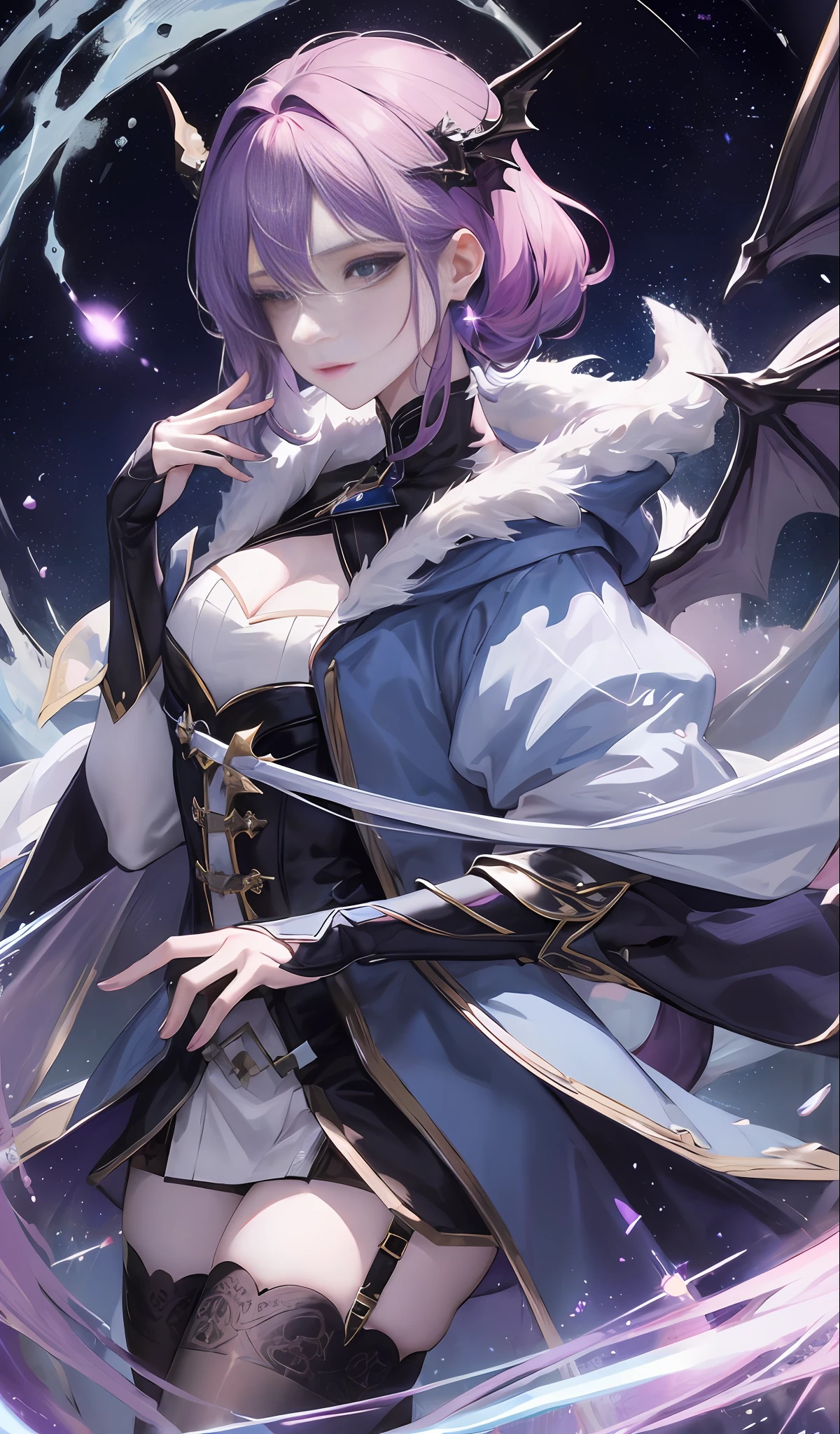 Masterpiece, Superb Product, 1 Female, Mature Woman, Starry Sky, Sister, Royal Sister, Cold Face, Black Stockings, Blue Pick-and-Dye, Pale Pink Lips, Calm, Intellectual, Three Bands, Purple Eyes, Dragon Horn, Dragon Wings, Cool Background