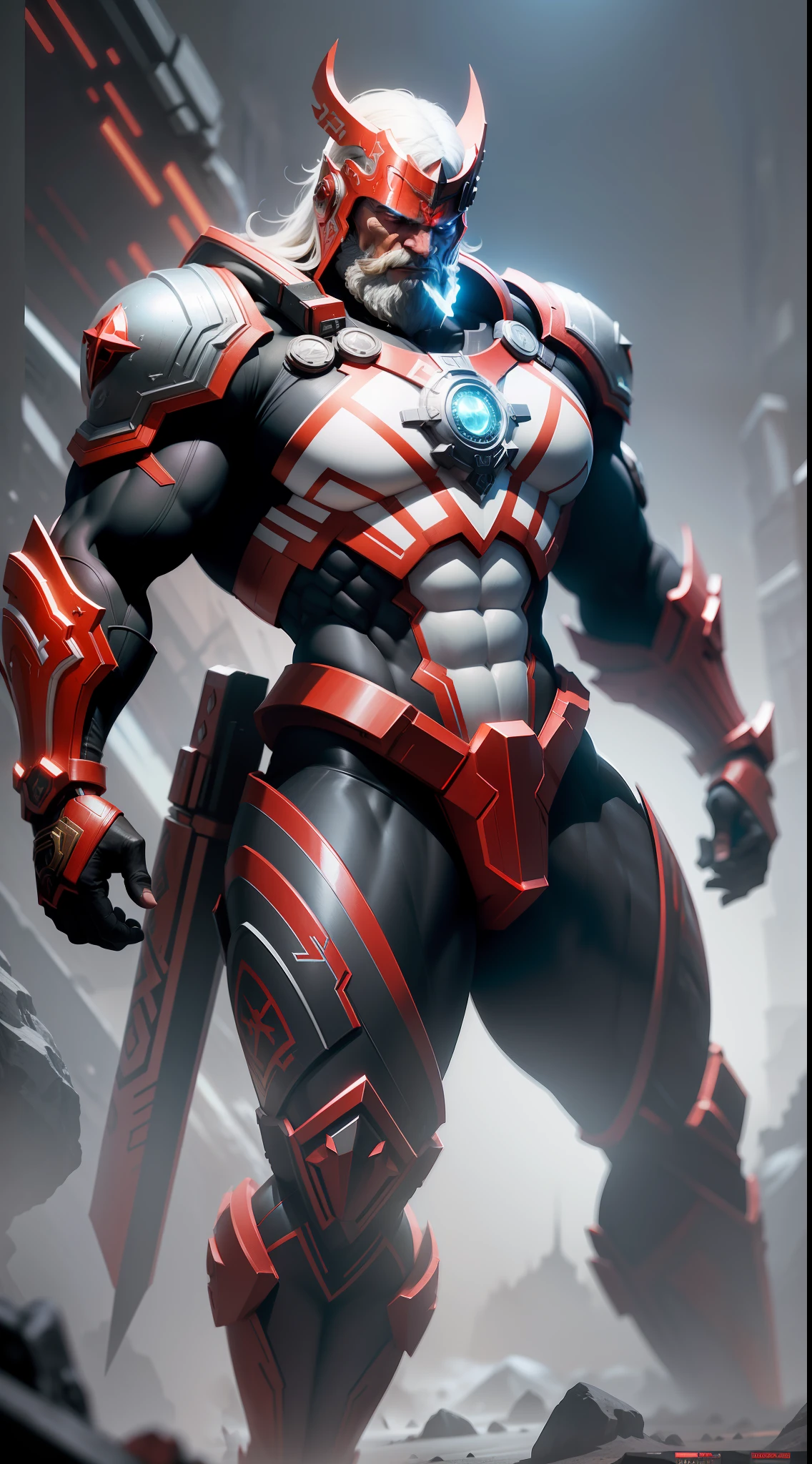 bodybuilder viking in red and white trinity suit | 3 d render of a octane render of a religious dystopian sci - fi digital painting artwork by artgerm and greg rutkowski and alphonse mucha | dark atmosphere, harsh lighting, cinematic lighting, detailed and intricate environment, 8 k, hd resolution, digital art, overdetailed art