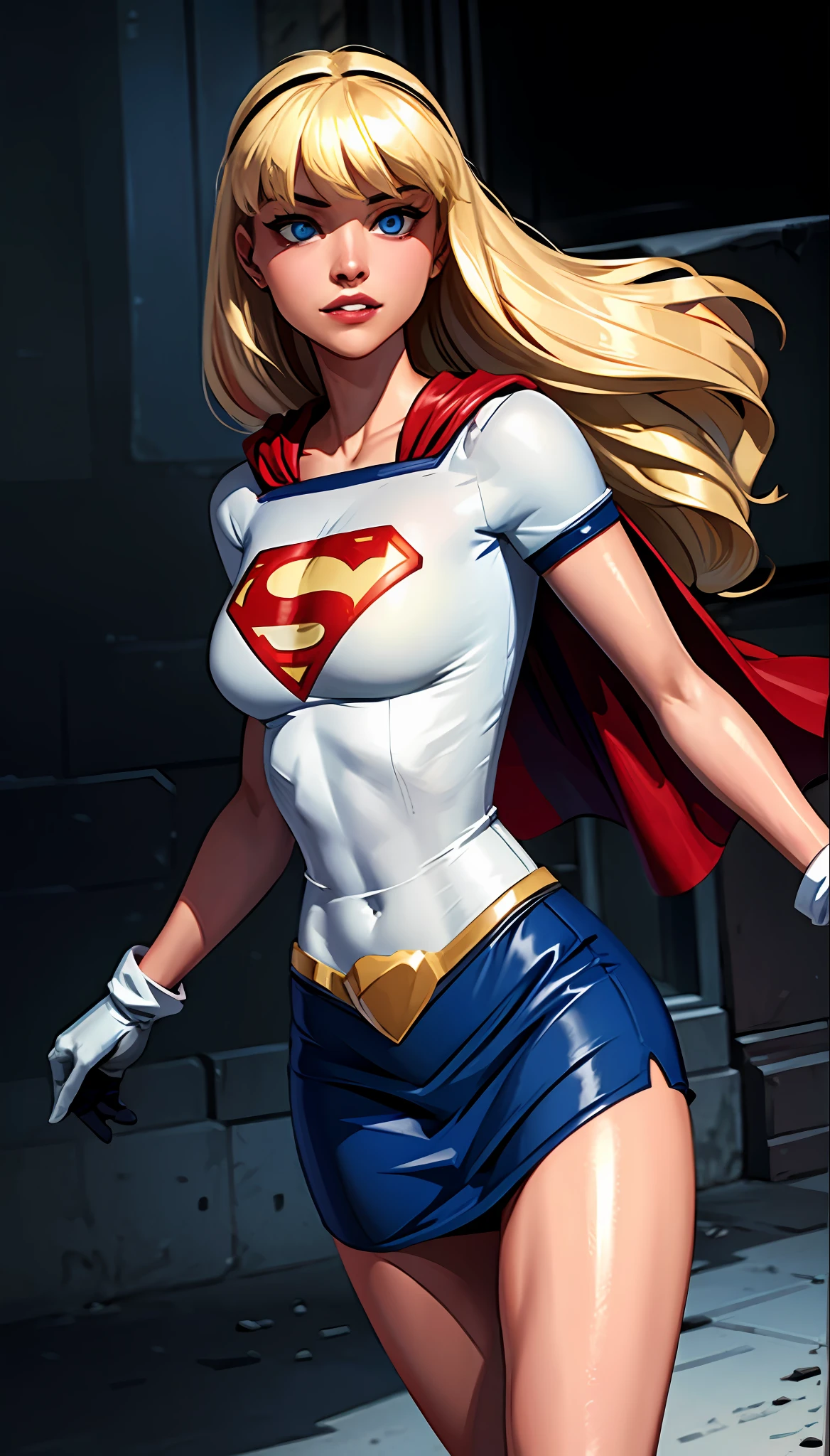 (cowboy shot), SFW, (masterpiece), (best quality: 1.0), (ultra highres: 1.0), detailed eyes,
BREAK
Supergirl, 1girl, long blonde hair, in the air, flying
hair band, \(white\) crop top, short sleeves, cape, blue pencil skirt, gloves, boots
BREAK
(Famous, interview, among audiences)