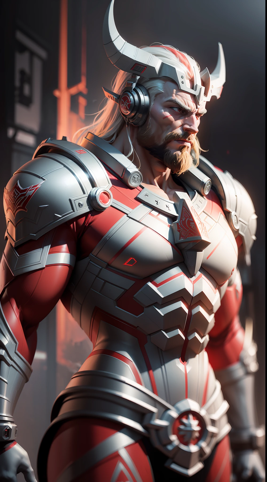 bodybuilder viking in red and white trinity suit | 3 d render of a octane render of a religious dystopian sci - fi digital painting artwork by artgerm and greg rutkowski and alphonse mucha | dark atmosphere, harsh lighting, cinematic lighting, detailed and intricate environment, 8 k, hd resolution, digital art, overdetailed art