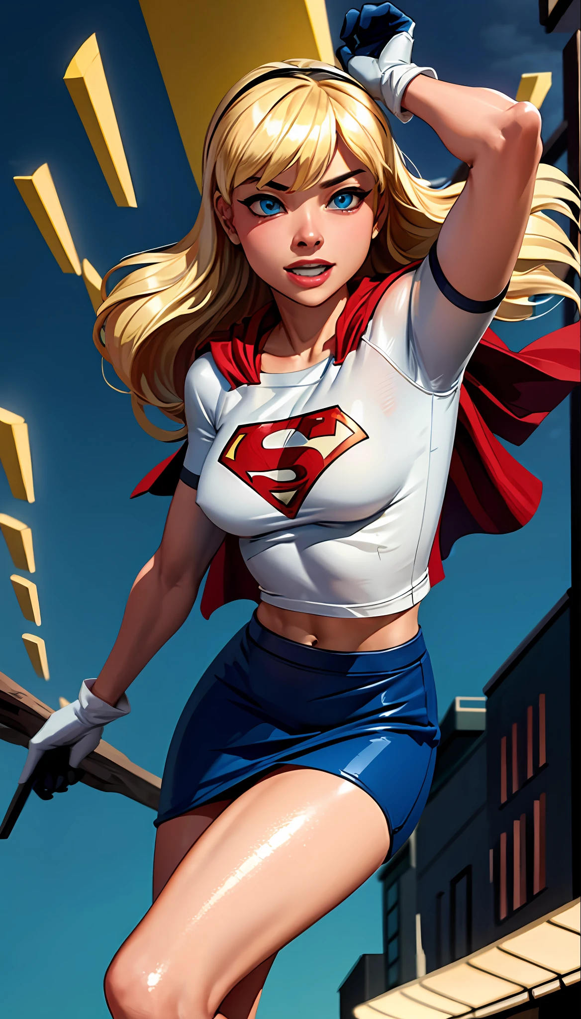 (cowboy shot), SFW, (masterpiece), (best quality: 1.0), (ultra highres: 1.0), detailed eyes,
BREAK
Supergirl, 1girl, long blonde hair, in the air, flying
hair band, \(white\) crop top, short sleeves, cape, blue pencil skirt, gloves, boots
BREAK
(Famous, interview, among audiences)