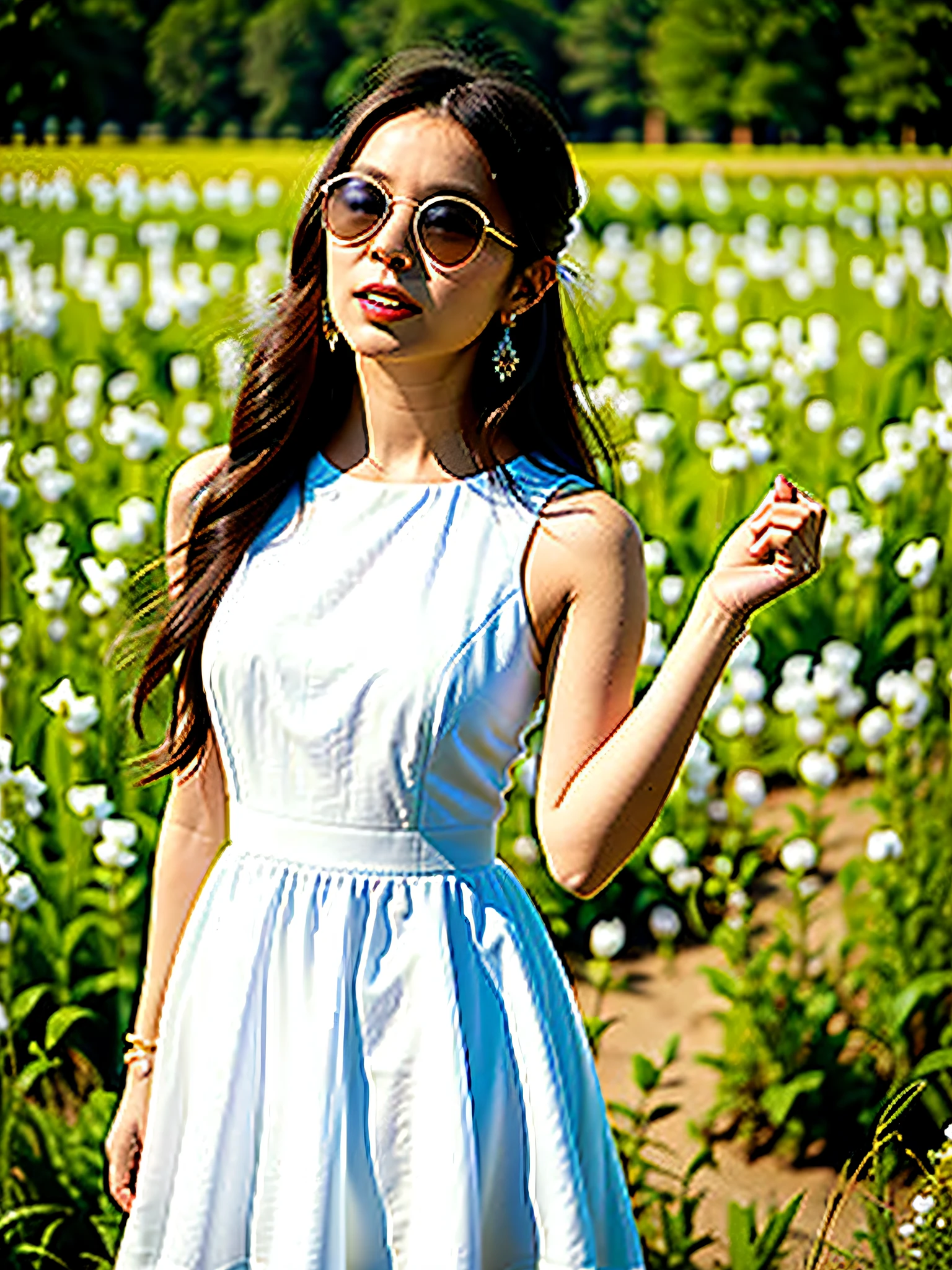 araffed woman in a white dress and sunglasses standing in a field, with sunglass, on a sunny day, in a sunny day, nico wearing a white dress, profile pic, wearing a white folkdrakt dress, chiho, wearing white dress, wearing a cute white dress, wearing a white dress, in sunny weather, wearing in a summer dress