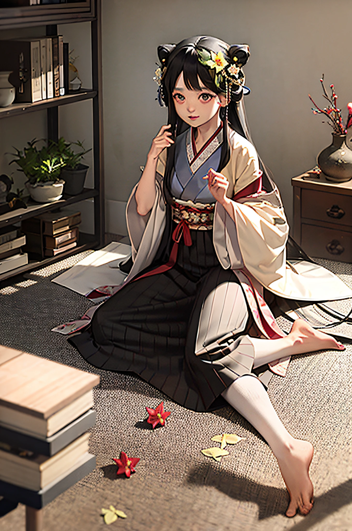 masterpiece, best quality, hanfukozue, 1girl, black hair, bug, butterfly, barefoot, solo, hair ornament, sitting, hanfu, chinese clothes, anklet, leaf, fruit, jewelry, white background, long sleeves, simple background, food, grapes, full body, single hair bun, holding, hair stick, wide sleeves, hair bun, smile, yokozuwari, looking at viewer, long hair, closed mouth, hand up, flower, holding leaf, on floor