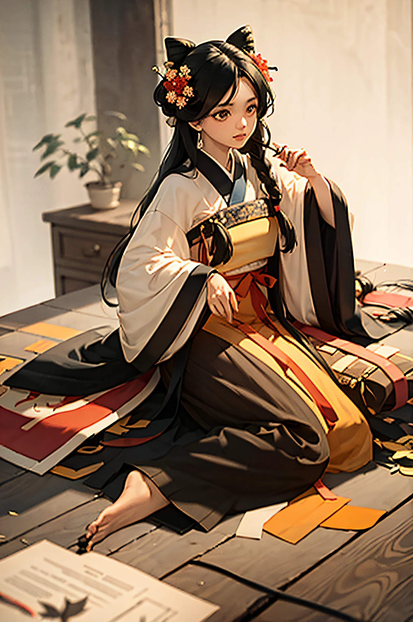 masterpiece, best quality, hanfukozue, 1girl, black hair, bug, butterfly, barefoot, solo, hair ornament, sitting, hanfu, chinese clothes, anklet, leaf, fruit, jewelry, white background, long sleeves, simple background, food, grapes, full body, single hair bun, holding, hair stick, wide sleeves, hair bun, smile, yokozuwari, looking at viewer, long hair, closed mouth, hand up, flower, holding leaf, on floor