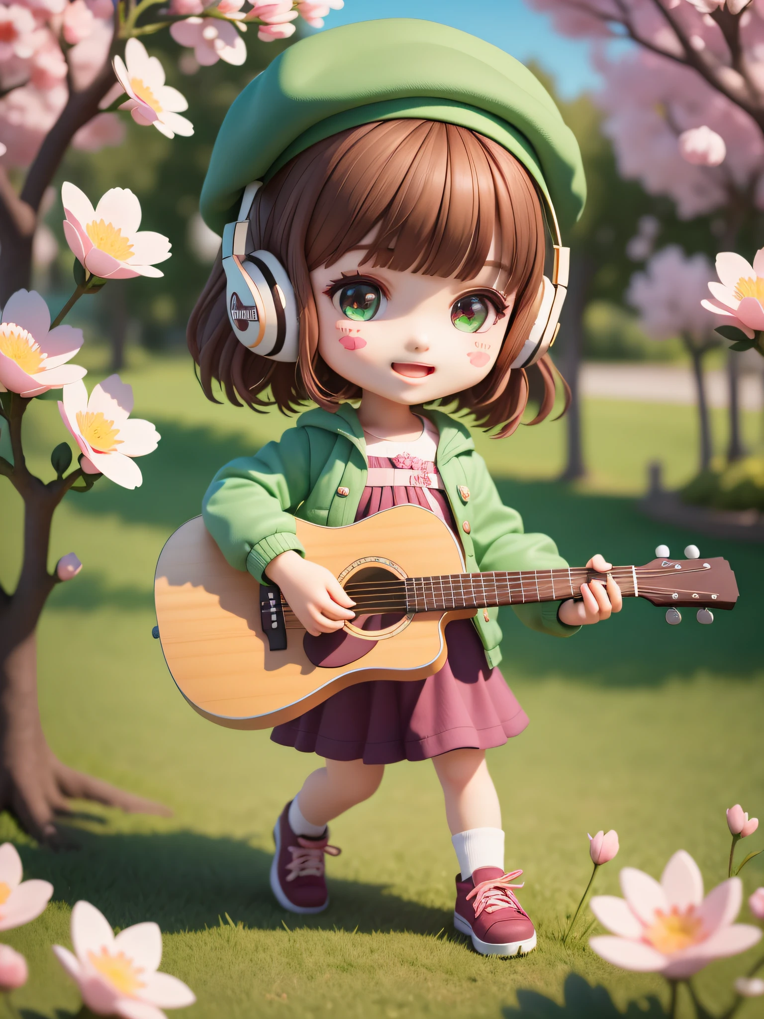 (masterpiece),(best quality),(ultra-detailed), (full body:1.2), 1girl,chibi,cute, smile, open mouth, flower, outdoors, playing guitar, music, beret, holding guitar, jacket, blush, tree, :3, shirt, short hair, cherry blossoms, green headwear, blurry, brown hair, blush stickers, long sleeves, bangs, headphones, black hair, pink flower, (beautiful detailed face), (beautiful detailed eyes),